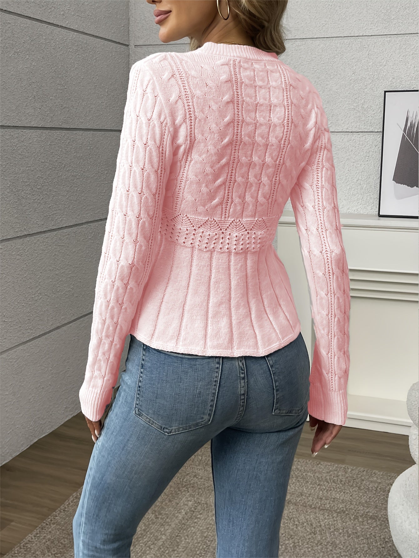 Solid Pointelle Waist Cable Knit Sweater, Elegant Long Sleeve Crew Neck Cozy Knitted Sweater, Women's Clothing