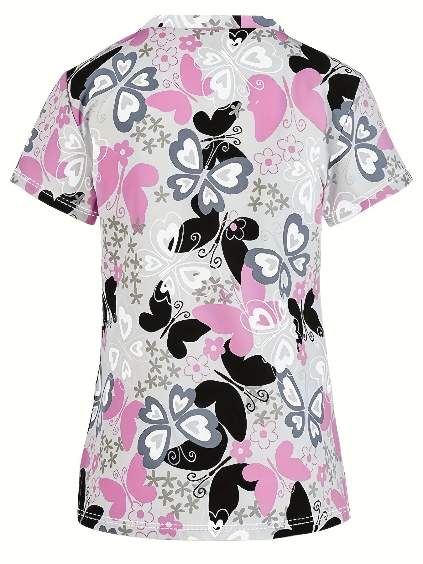 Camiseta de uniforme médico para mujer, con estampado floral, cuello en V elegante, tejido de poliéster, manga corta, primavera/verano/otoño