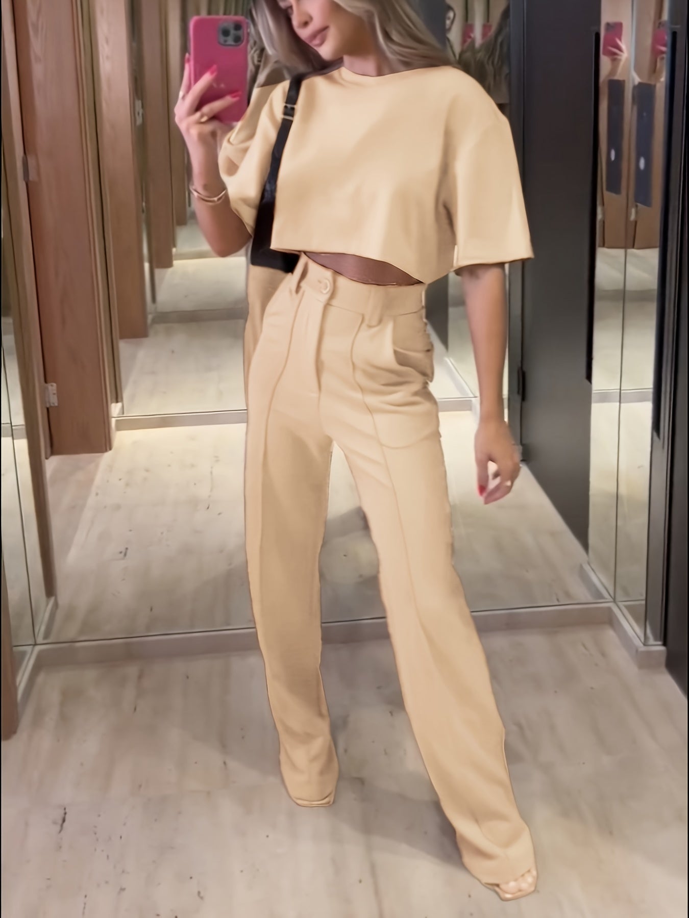 Two-Piece Solid Color Jacket and High Waist Straight Pants Set