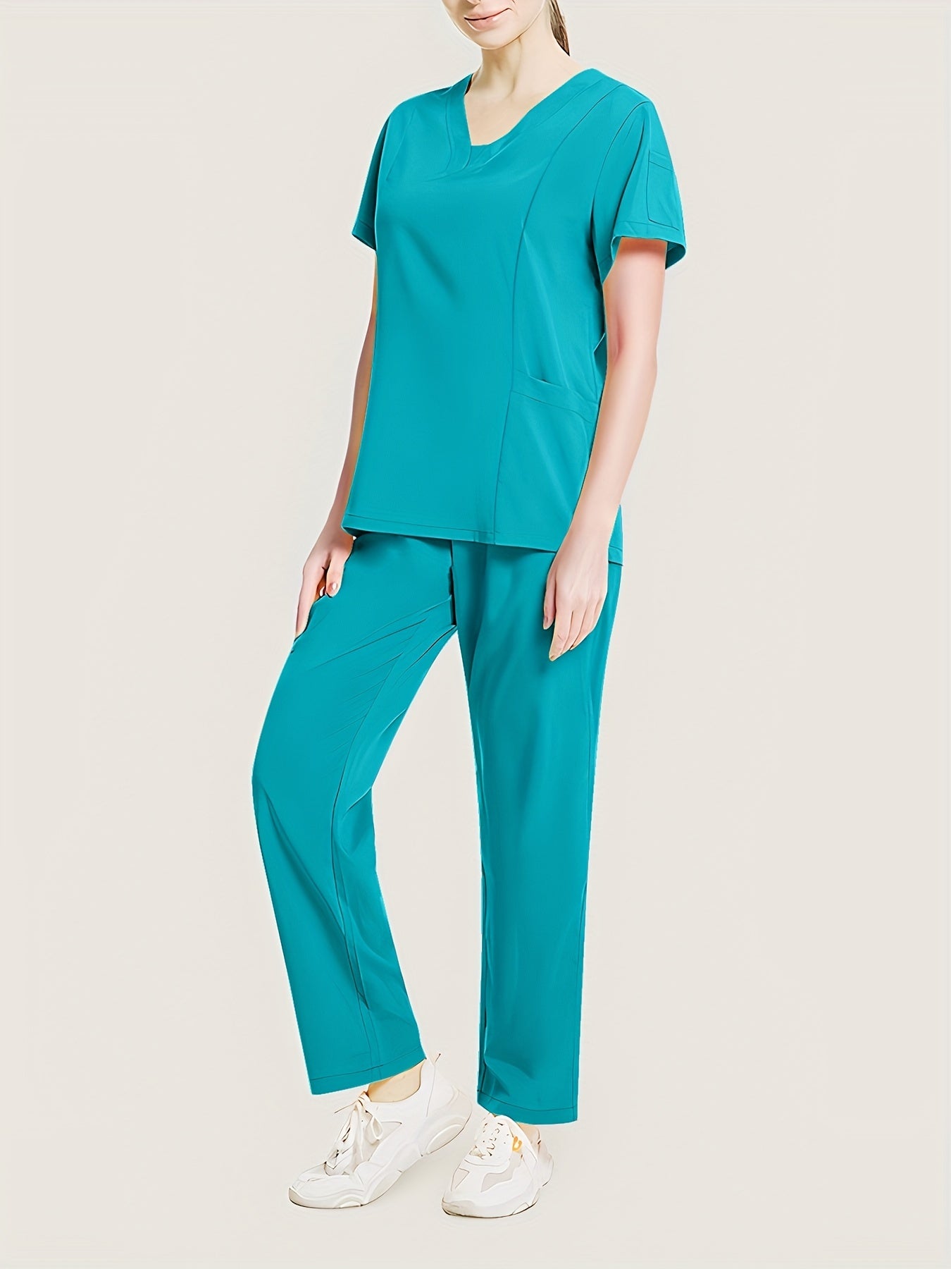 Conjunto médico de dos piezas con cuello en V, manga corta y pantalones elásticos, cómodo y de ajuste cómodo para mujeres | Uniformes médicos duraderos y de fácil cuidado para profesionales de la salud