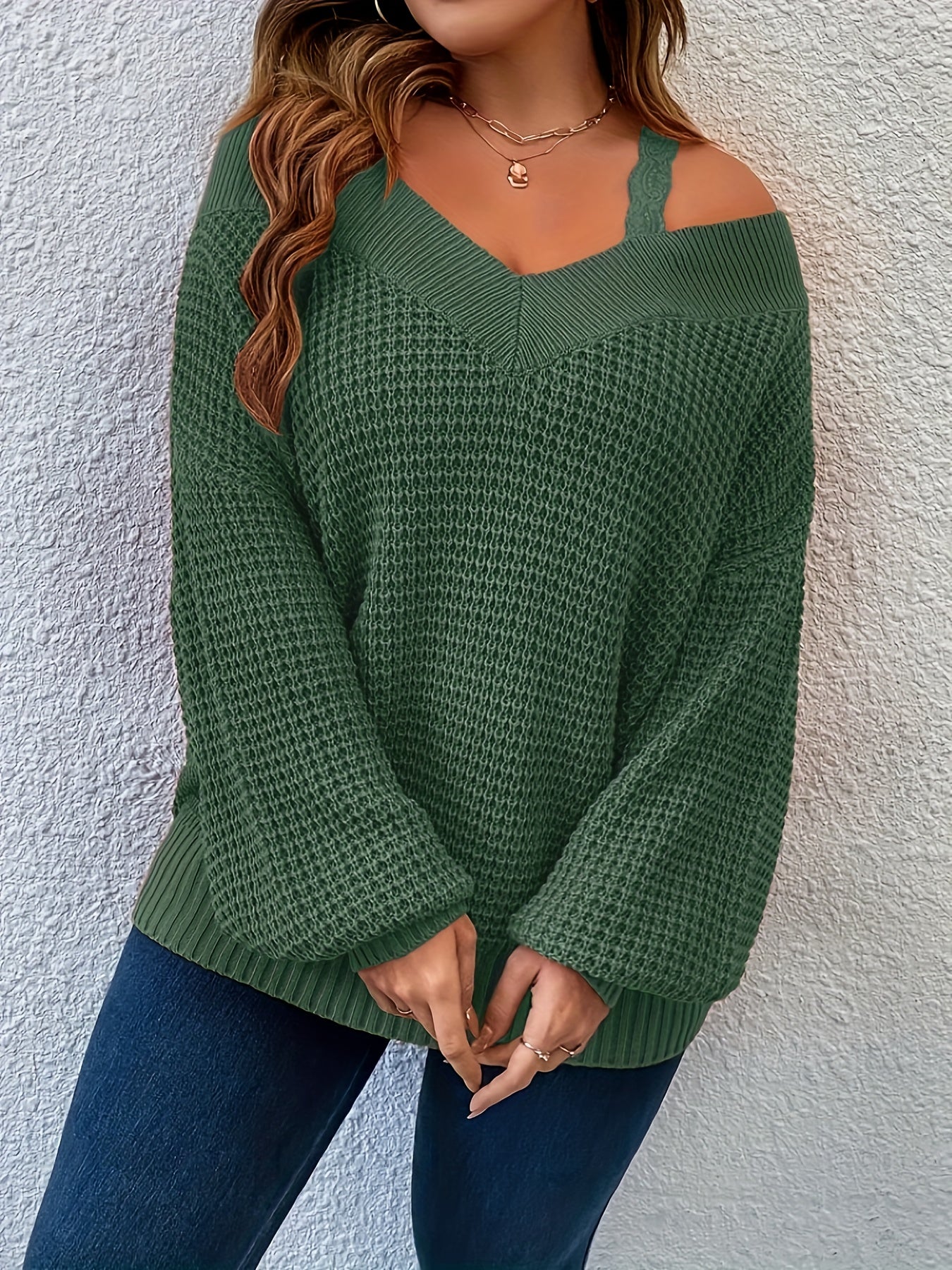 Plus Size Cold Shoulder Knitted Sweater, Elegant Long Sleeve Pullover Sweater