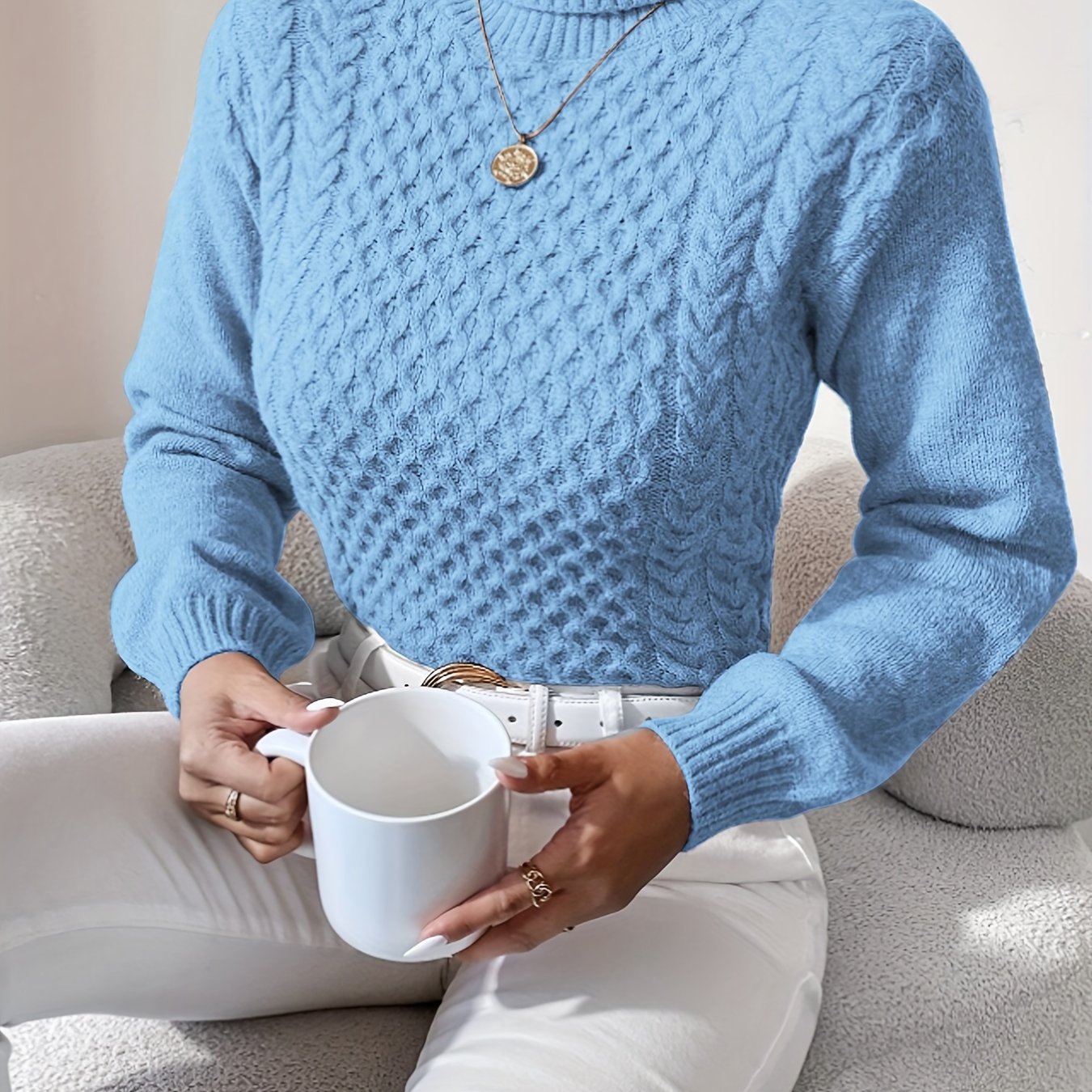 Suéter de manga larga de color sólido, suéter informal de cuello alto para invierno y otoño