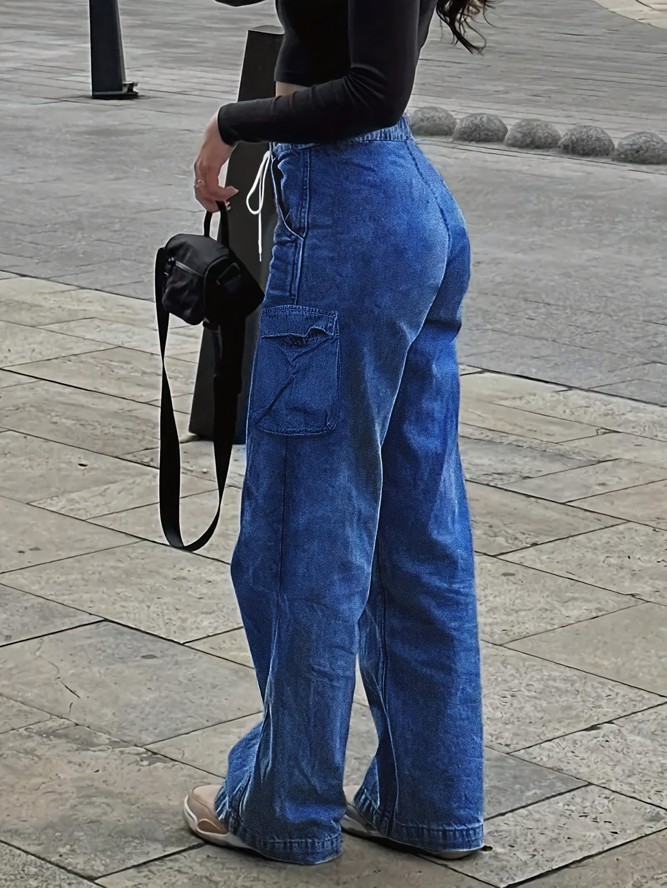 Waist Drawstring Women'S Loose Denim Straight Leg Pants, Mid Waistband Pocket, Comfortable And Versatile
