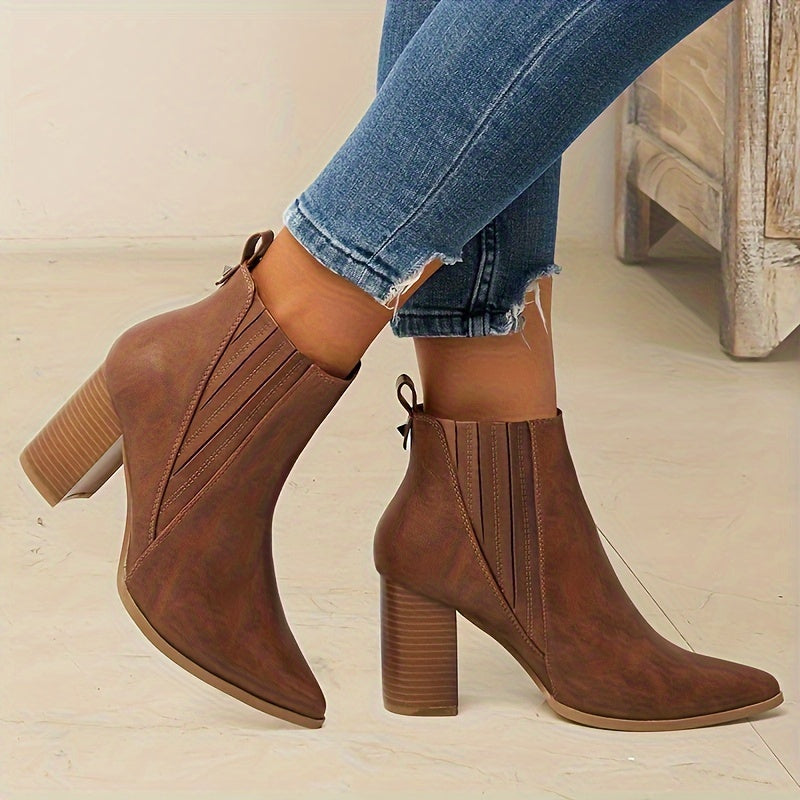 Botas de moda de color sólido para mujer, botines casuales sin cordones con tacón grueso, botas Chelsea con punta en punta