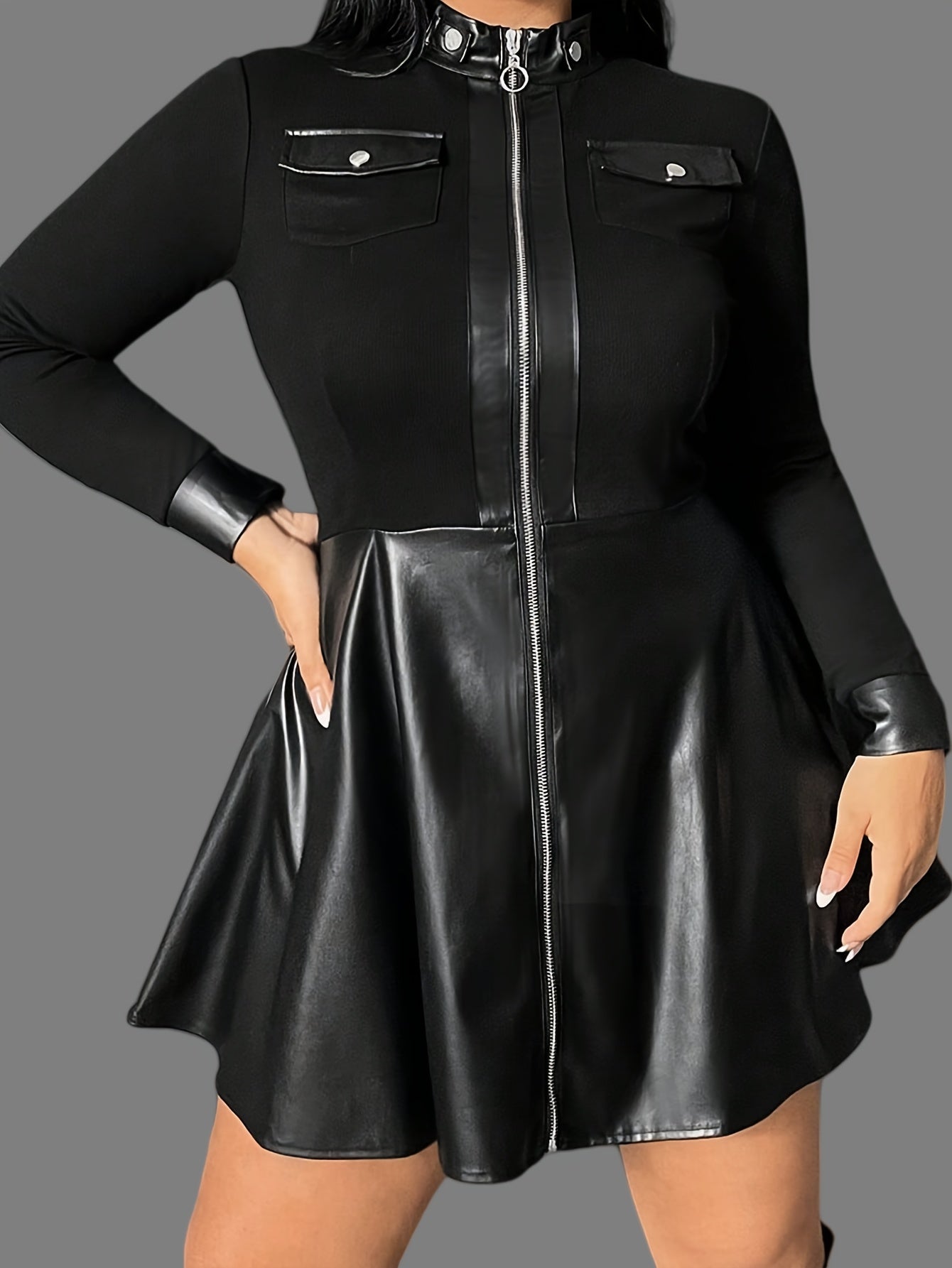 Plus Size PU Leather Patchwork Fashion Dress - Stand Collar, Zippered, Long Sleeved, Chic, Comfortable, Versatile - Women's Clothing for Curvy Figures