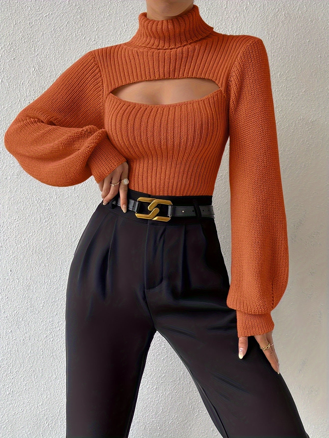 Stylish Plus Size Turtleneck Lantern Sleeve Cut Out Knitted Sweater