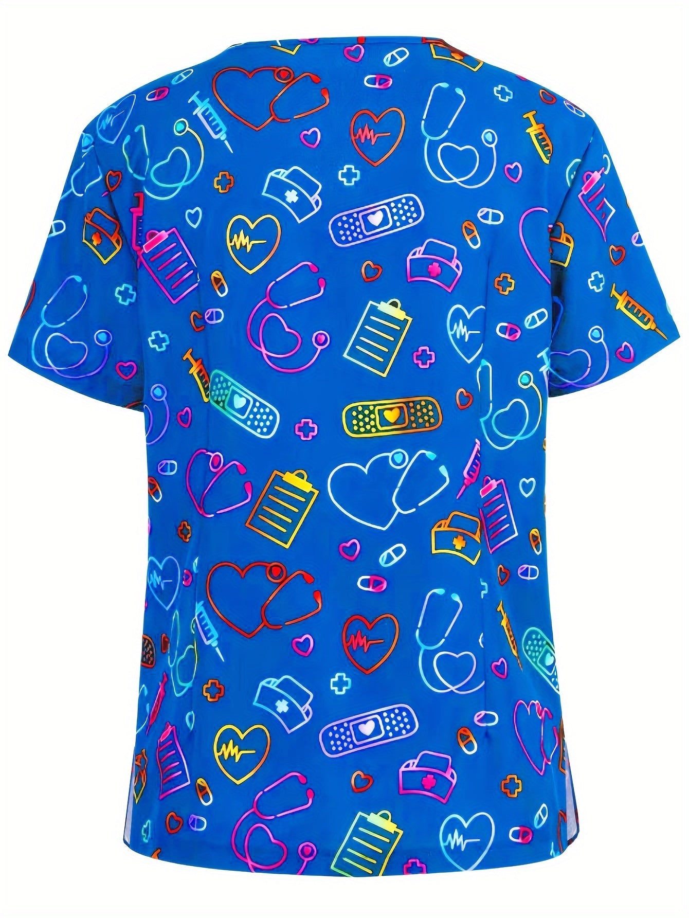Blusas médicas con cuello en V y estampado de corazones, elegantes uniformes de enfermera con bolsillos de parche y manga corta, ropa para mujer