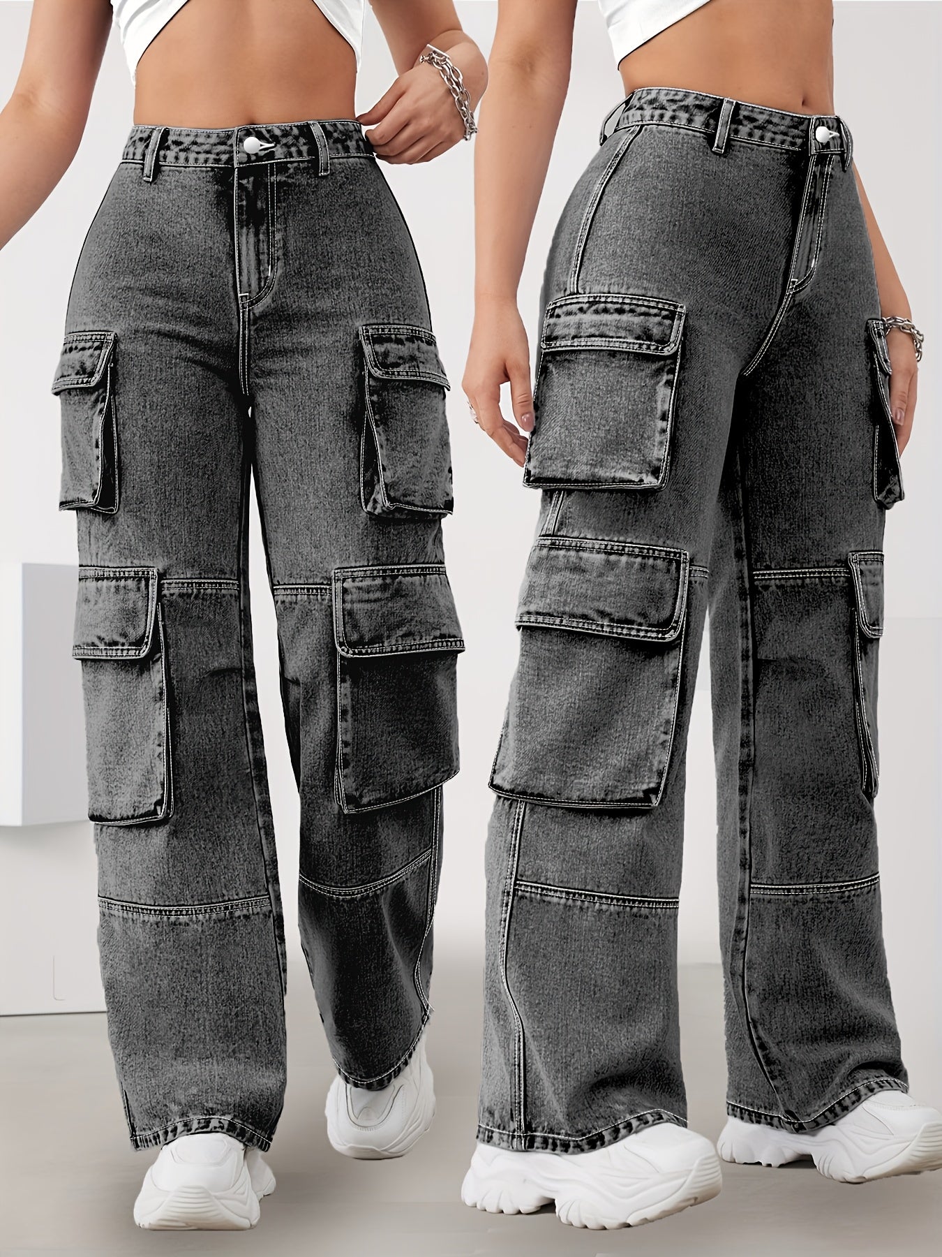 Pantalones vaqueros cargo de cintura alta para mujer, denim de gran tamaño con múltiples bolsillos, mezcla de rayón y viscosa elástica