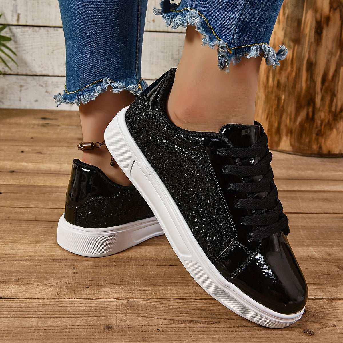 Vibrant Sparkly Sequins Low Top Sneakers - Comfortable Lace-Up Fabric Insole EVA Sole Microfiber Shoes for Everyday Casual Walking and Fashion Wear