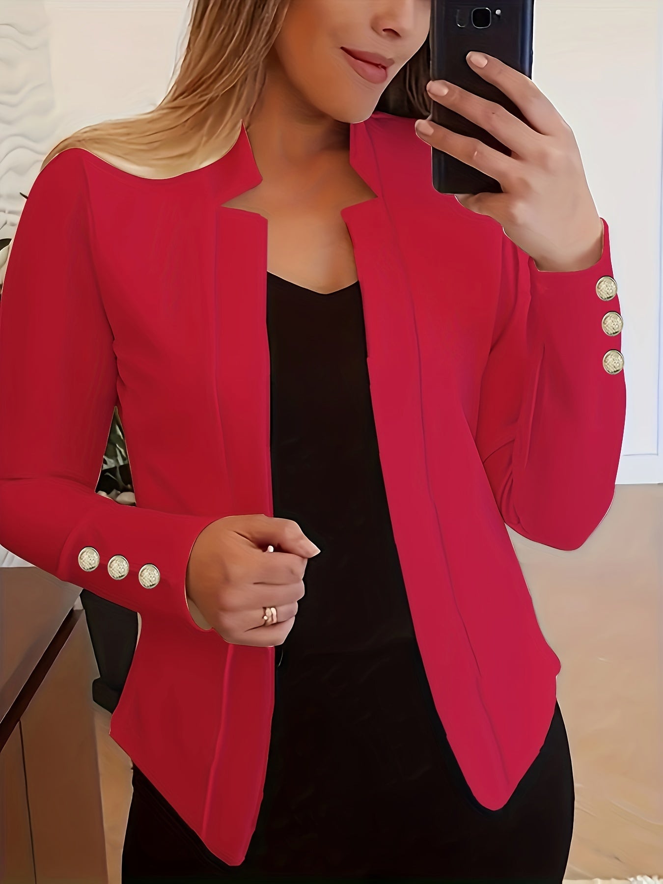 Stylish Solid Open Front Long Sleeve Button Blazer