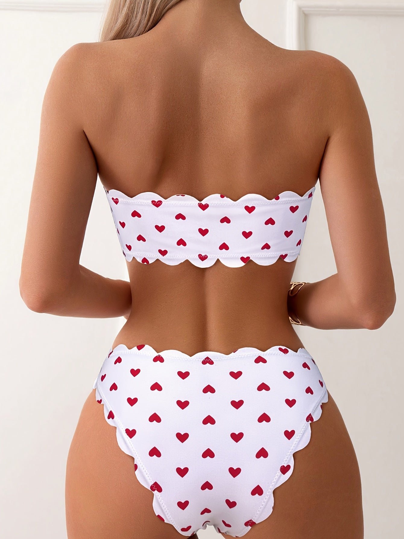 Heart Pattern Bandeau 2 Piece Set Bikini, Tube Top Scallop Trim Tie Front High Cut Swimsuits - Polyester & Spandex