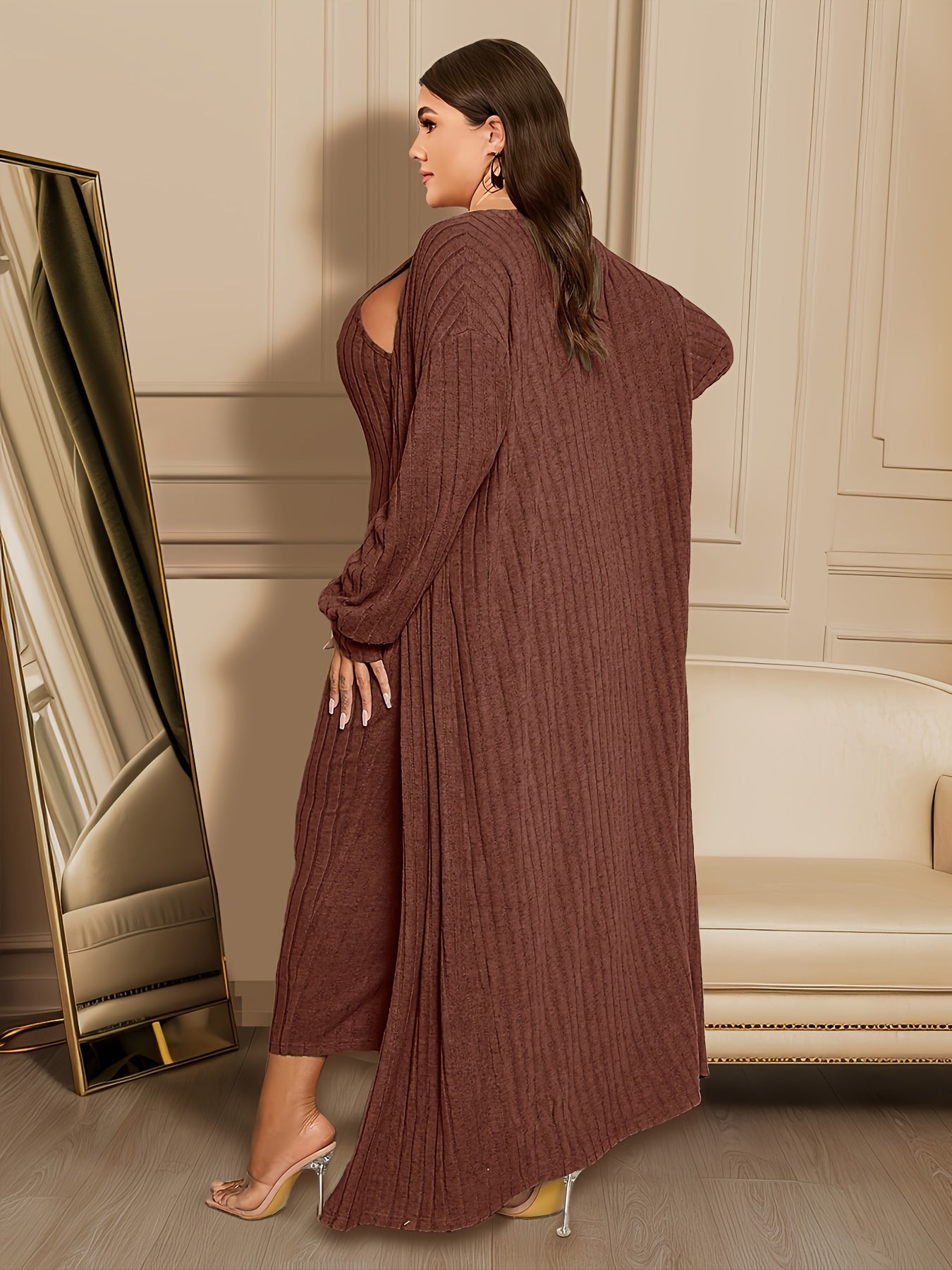 Large Ribbed Two-piece Set, Long Sleeved Cardigan And Sleeveless Formal Attire, Women's Curve Clothing