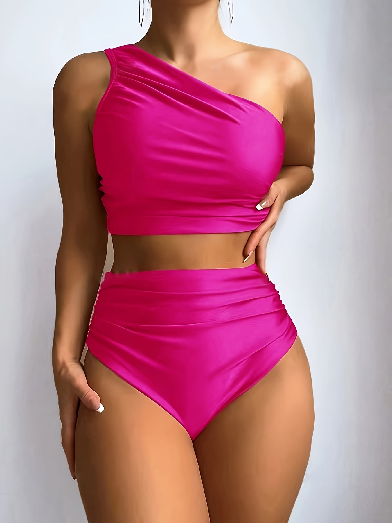 Women'S Sexy One-Shoulder Black Bikini Set - High Stretch Polyamide & Elastane, Solid Color Swimsuit with Frill Detail, Sleeveless, Swimwear Essentials | One Shoulder Bikini | Stretchy Fabric