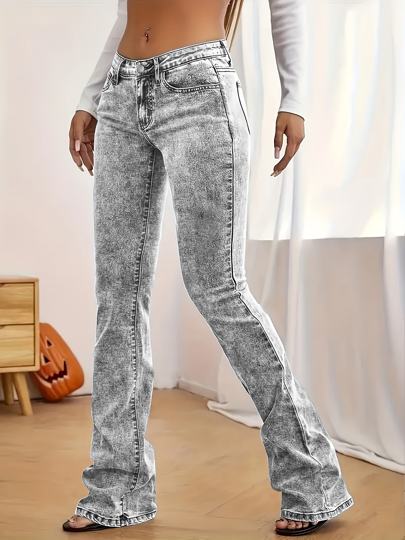Women'S Casual Skinny Flare Jeans, 70% Viscose 24% Polyester 6% Spandex, Long Length, Low Waist, Button Fly, Medium Stretch