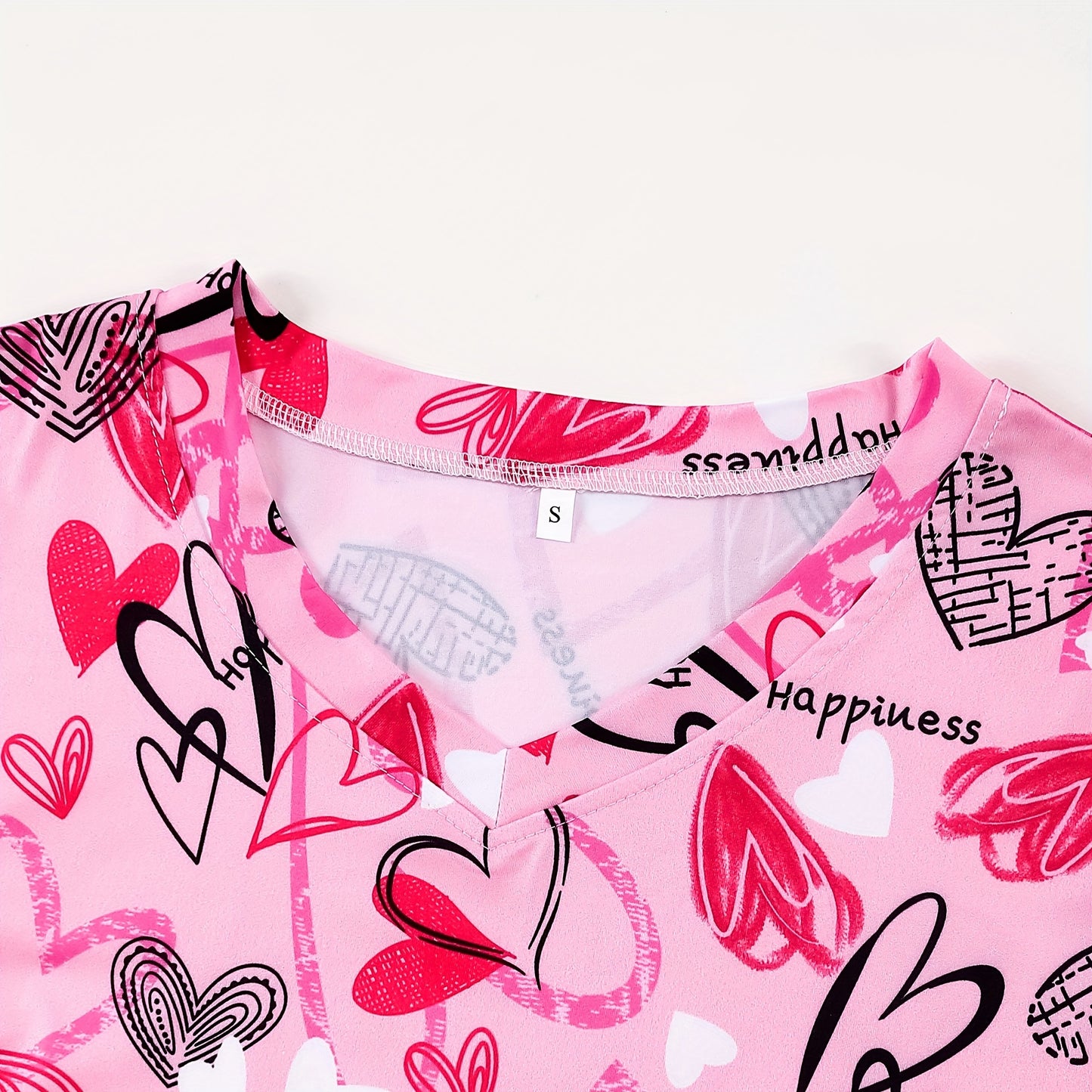 Vintage Heart Print V-Neck Scrubs Top - Soft, Breathable, Short Sleeve, Patched Pockets, Relaxed Fit Nurse Uniform for Women - Comfortable, Easy Care, and Stylish Medical Clothing