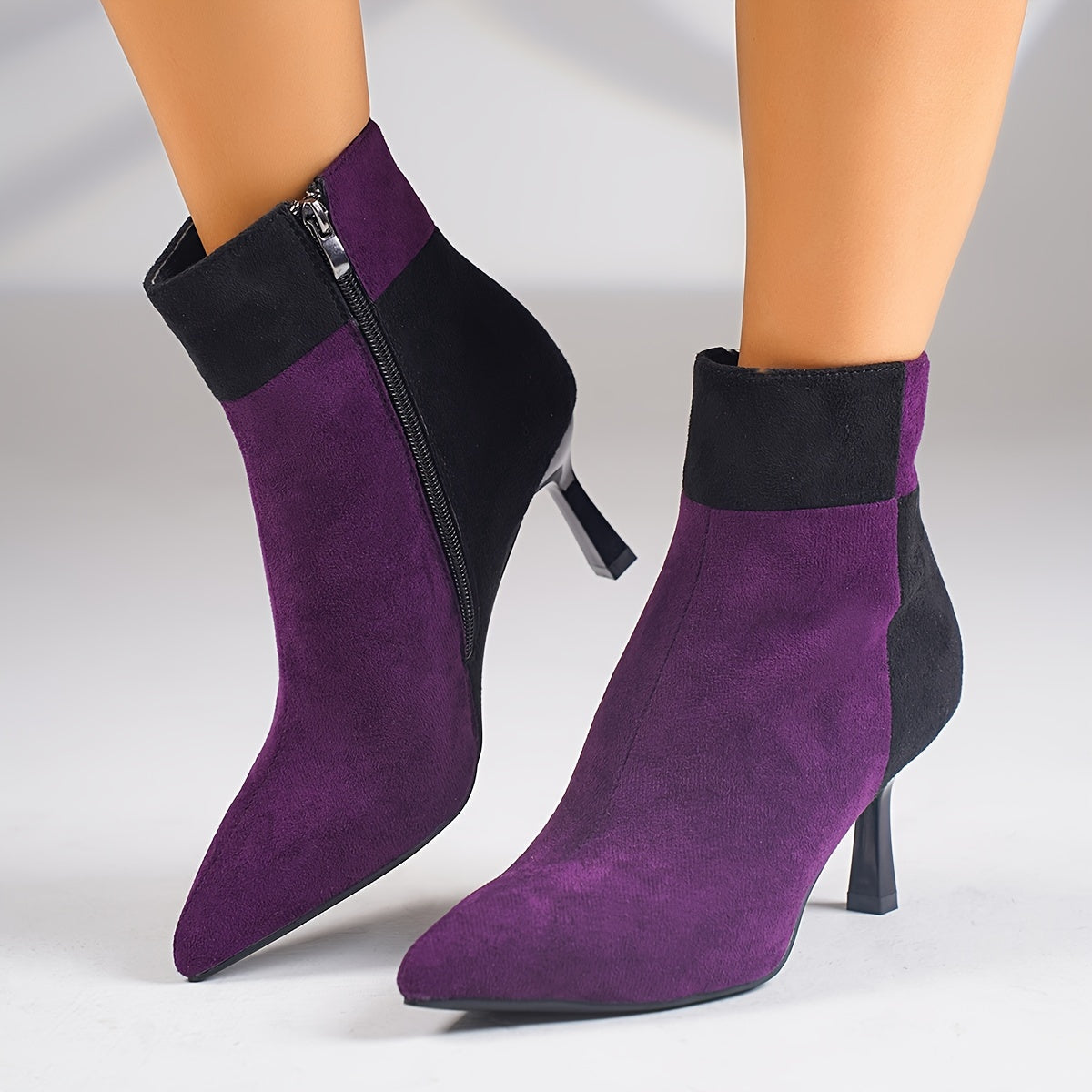 Stylish Patchwork Stiletto Boots for Women - Side Zipper, Pull-On Design, Pointed Toe, Banquet-Ready, Elegant Heel, Comfortable Fit