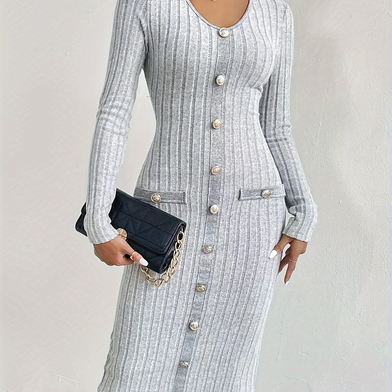 Ribbed Button Decor Dress, Casual Long Sleeve Bodycon Dress, Women's Clothing