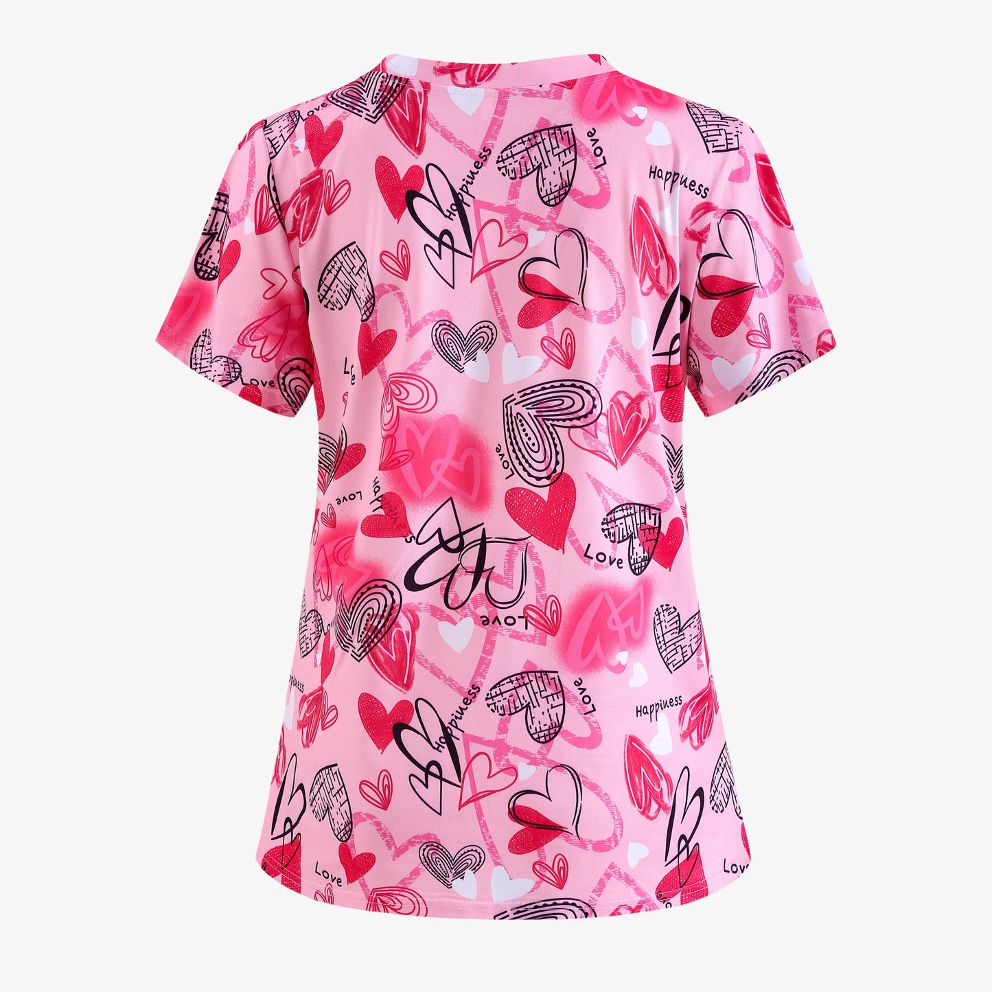 Vintage Heart Print V-Neck Scrubs Top - Soft, Breathable, Short Sleeve, Patched Pockets, Relaxed Fit Nurse Uniform for Women - Comfortable, Easy Care, and Stylish Medical Clothing