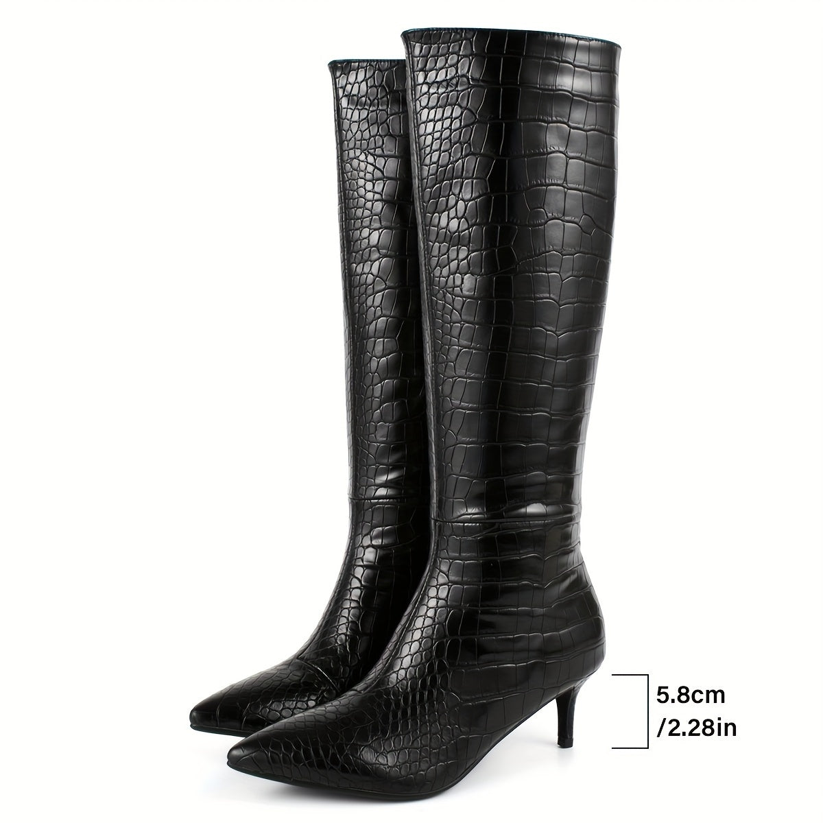 Stylish Crocodile Patterned Knee High Boots - Fashion Knee-High Boots with Pointed Toe, Stiletto Heel, Side Zipper, and Chic Design for Women