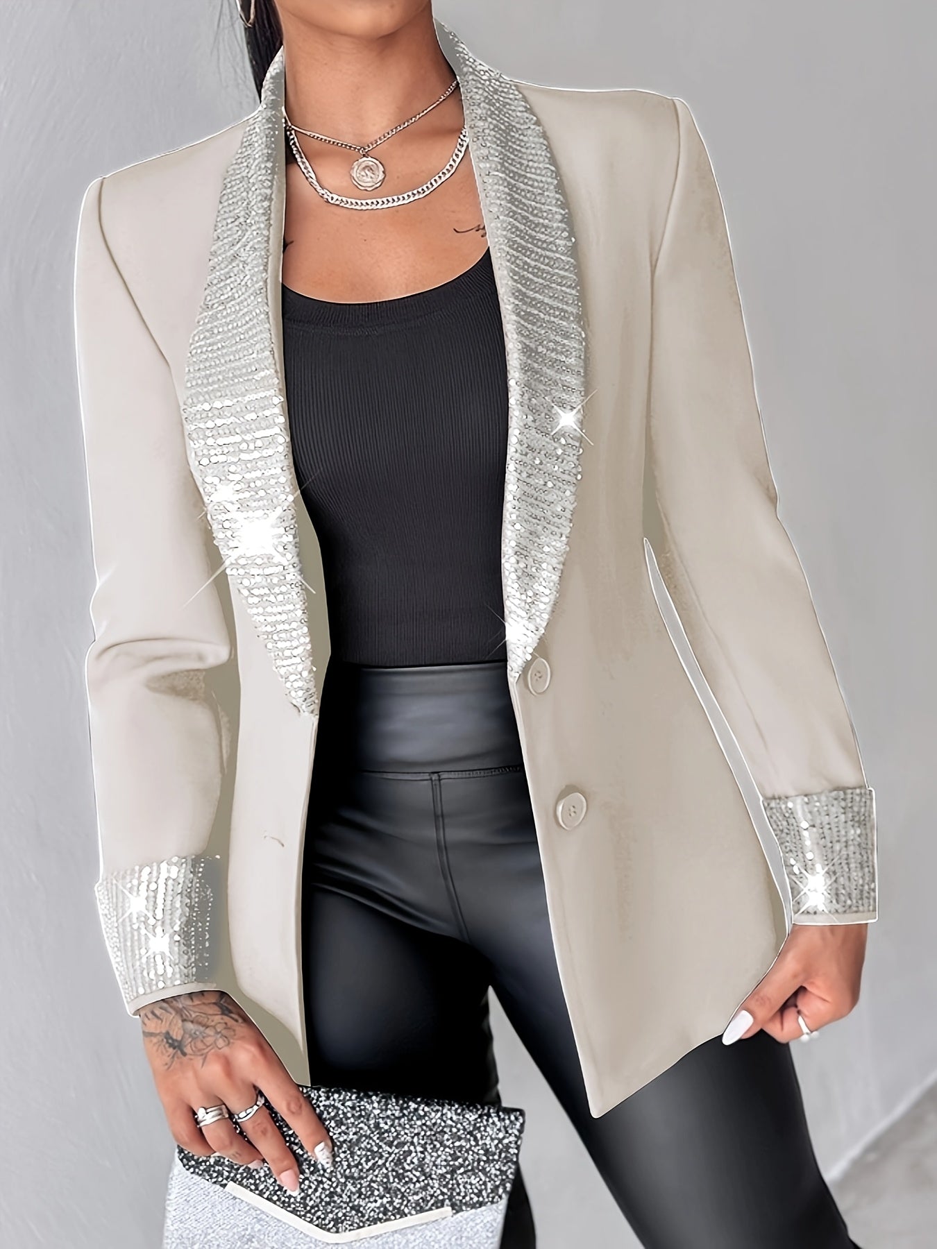 Elegant Sequin Shawl Collar Blazer Jacket, Long Sleeve Regular Fit, All-Season Woven Outerwear with Contrast Detail