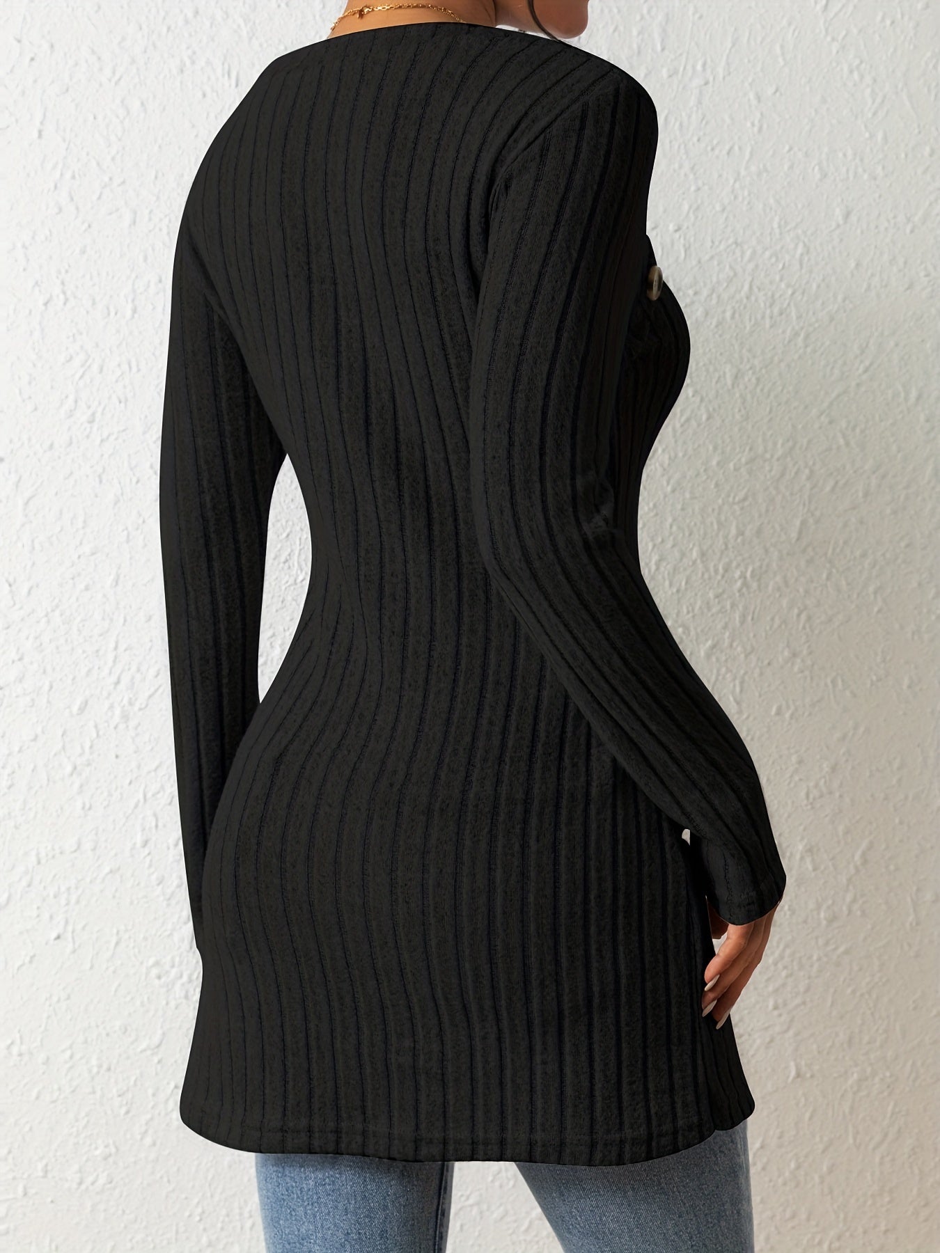 Chic Ribbed Long Sleeve Top with Unique Button Accent - Asymmetrical Hem - Perfect for Womens Spring & Fall Fashion