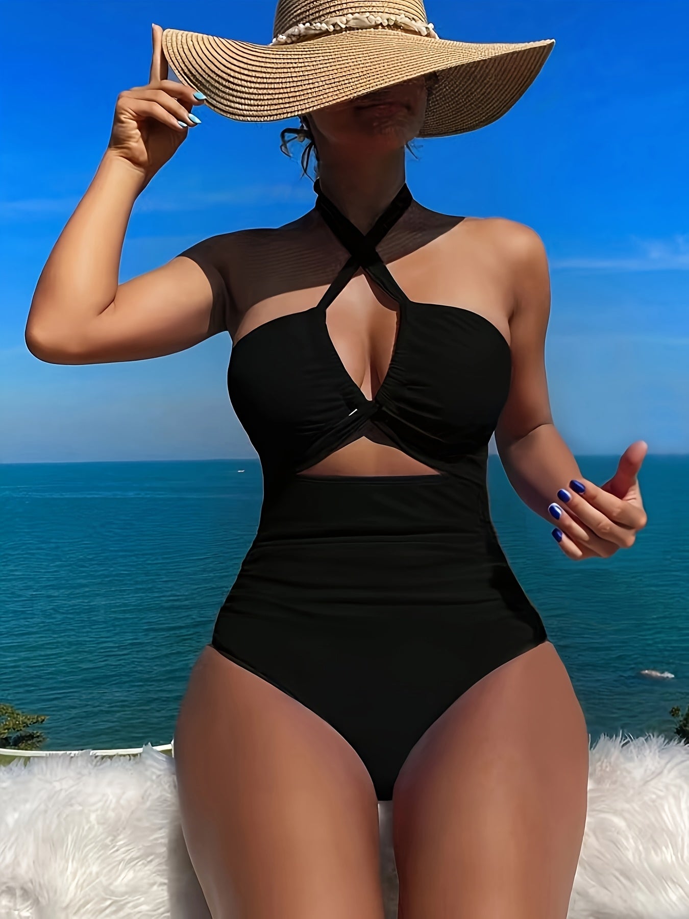 Elegant Black Halter One-Piece Swimsuit for Women - Sexy Backless Design with Removable Pads, High Waist, Tummy Control, Nylon/Elastane Blend