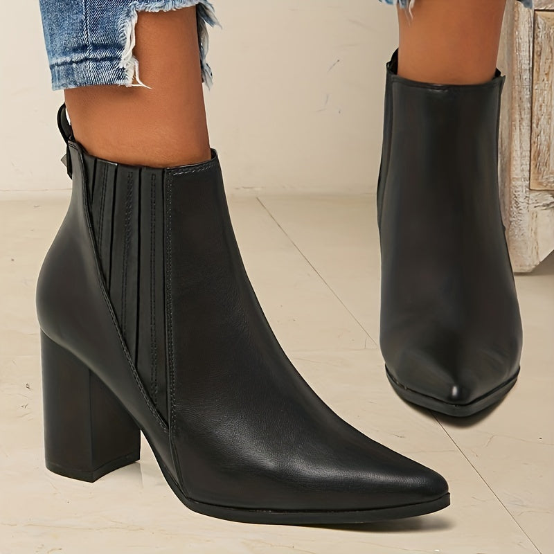 Botas de moda de color sólido para mujer, botines casuales sin cordones con tacón grueso, botas Chelsea con punta en punta