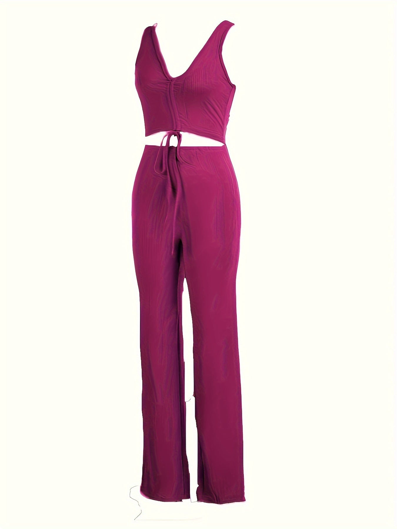 Plus Size Solid Chic Two-piece Set - Flattering V Neck Tank Top & Smooth Pants Outfit