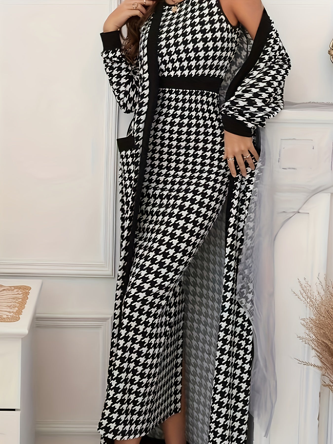 Conjunto de falda elegante con estampado de pata de gallo, vestido ajustado sin mangas con cuello redondo y chaqueta de manga larga abierta al frente, ropa de mujer