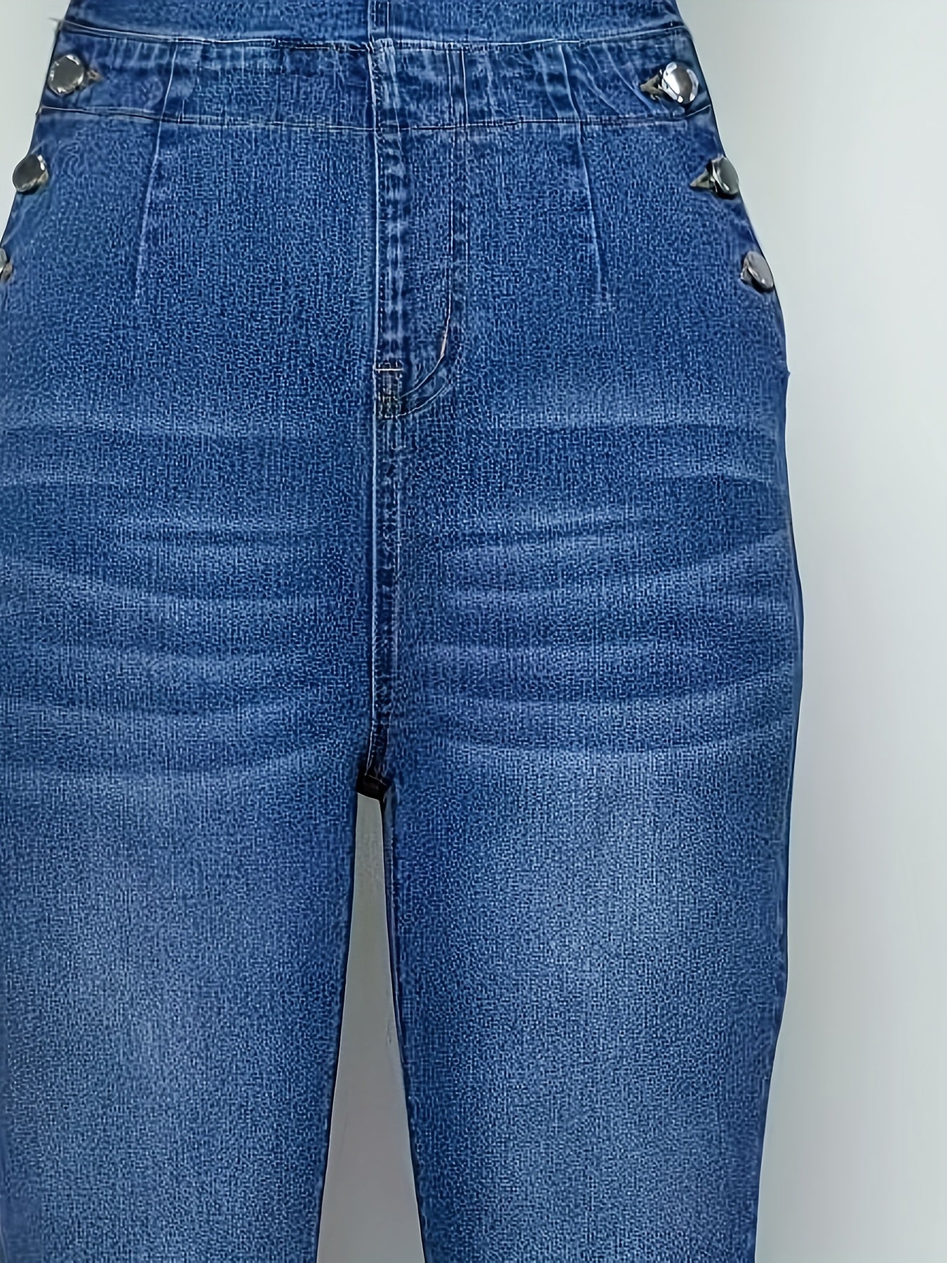Mono de mezclilla lavado azul medio versátil para mujer: tejido suave, cómodo y de alta elasticidad, diseño con dobladillo, largo largo, estilo informal preppy con ajuste ajustado, perfecto para uso diario