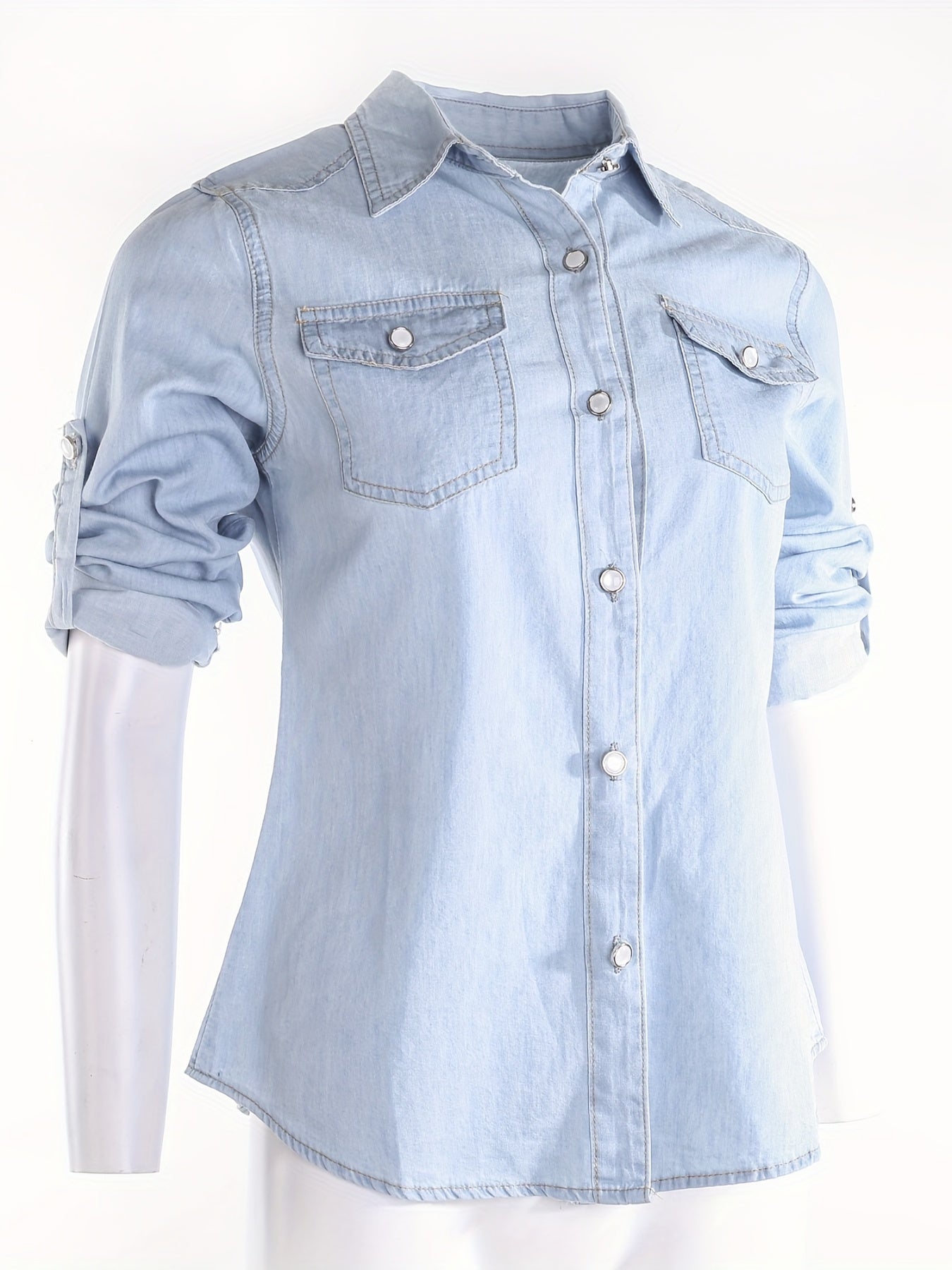 Women Retro Blue Denim Shirts Adjustable Long Sleeve