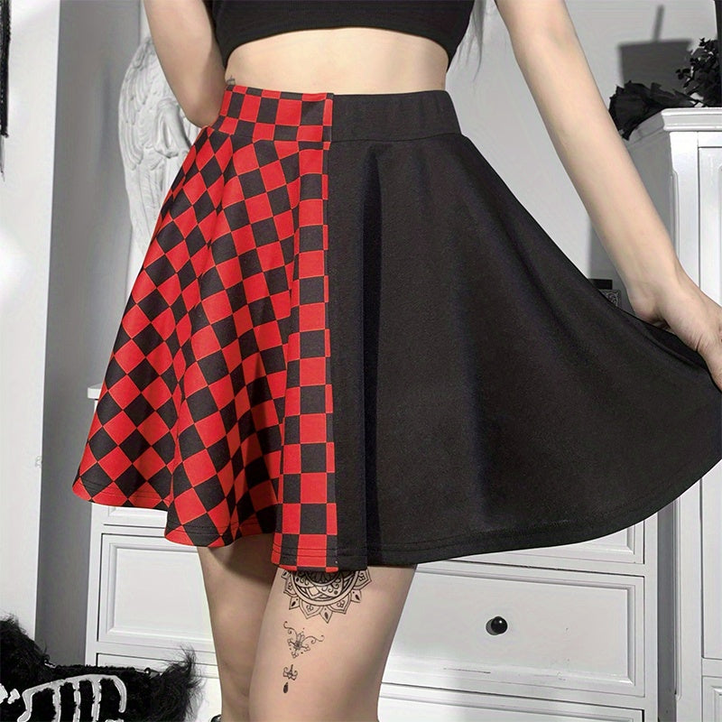 Chessboard Print Splicing Skirt, Gothic Ruched Punk Mini Skirt Without Belt, Women's Clothing