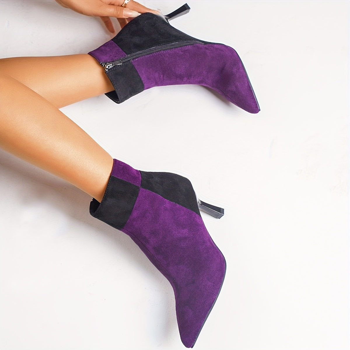 Stylish Patchwork Stiletto Boots for Women - Side Zipper, Pull-On Design, Pointed Toe, Banquet-Ready, Elegant Heel, Comfortable Fit