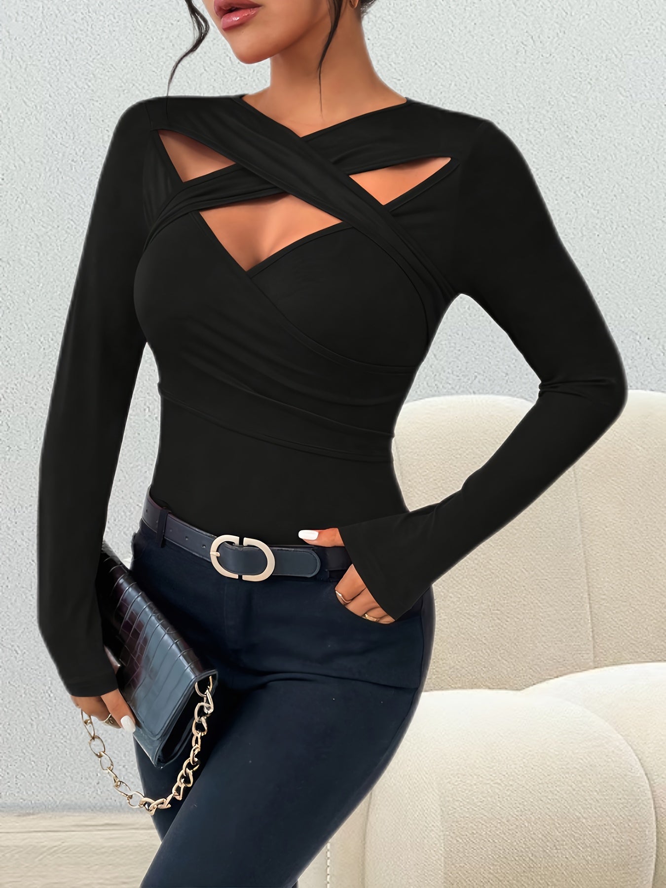 Crisscross Hollow Out Chic T-Shirt - Versatile Long Sleeve Slim Fit, Breathable, Soft, and Comfortable for Spring and Fall - Women's Fashion Clothing for Everyday Wear