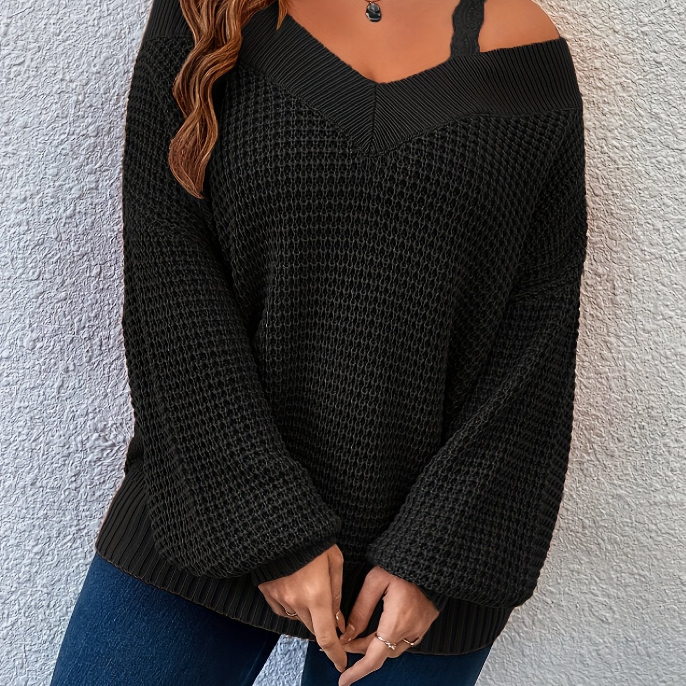 Plus Size Cold Shoulder Knitted Sweater, Elegant Long Sleeve Pullover Sweater