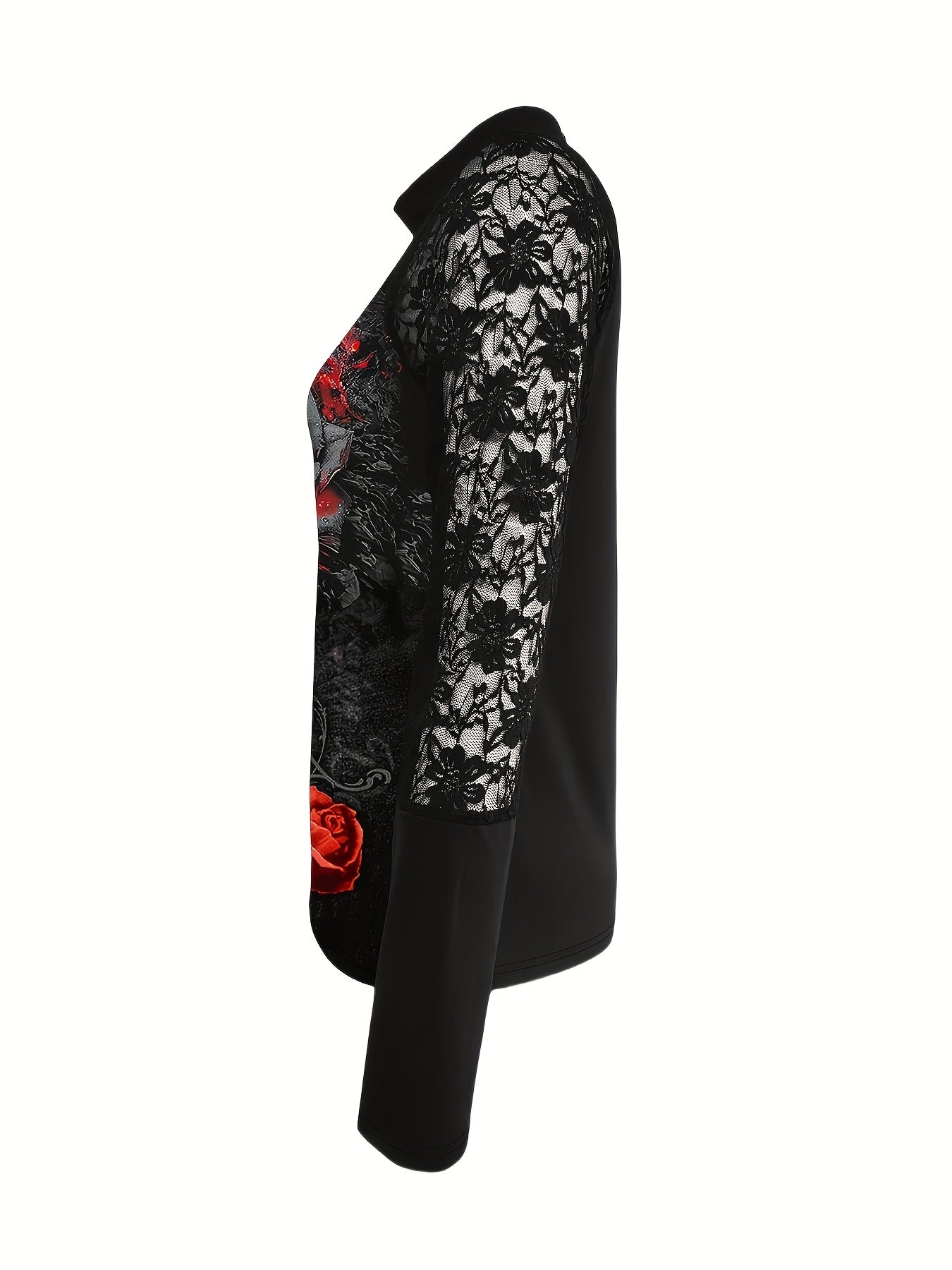 1 camiseta de manga larga con estampado de calavera floral gótica para mujer, camiseta informal de cuello alto de punto de poliéster y licra, camiseta de largo regular para todas las estaciones