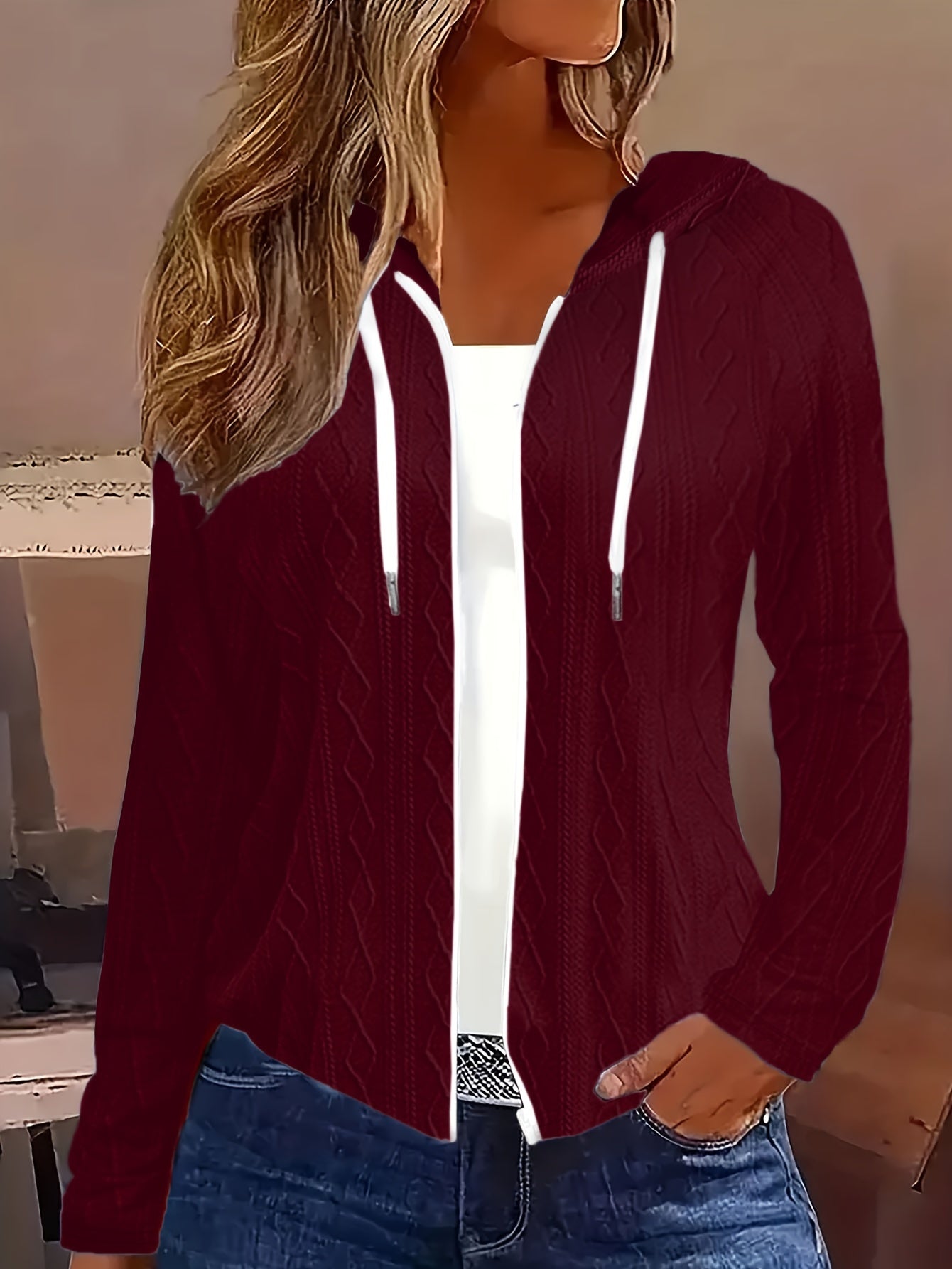 Cozy Cable Knit Sweater - Soft, Long Sleeve, Drawstring Hooded
