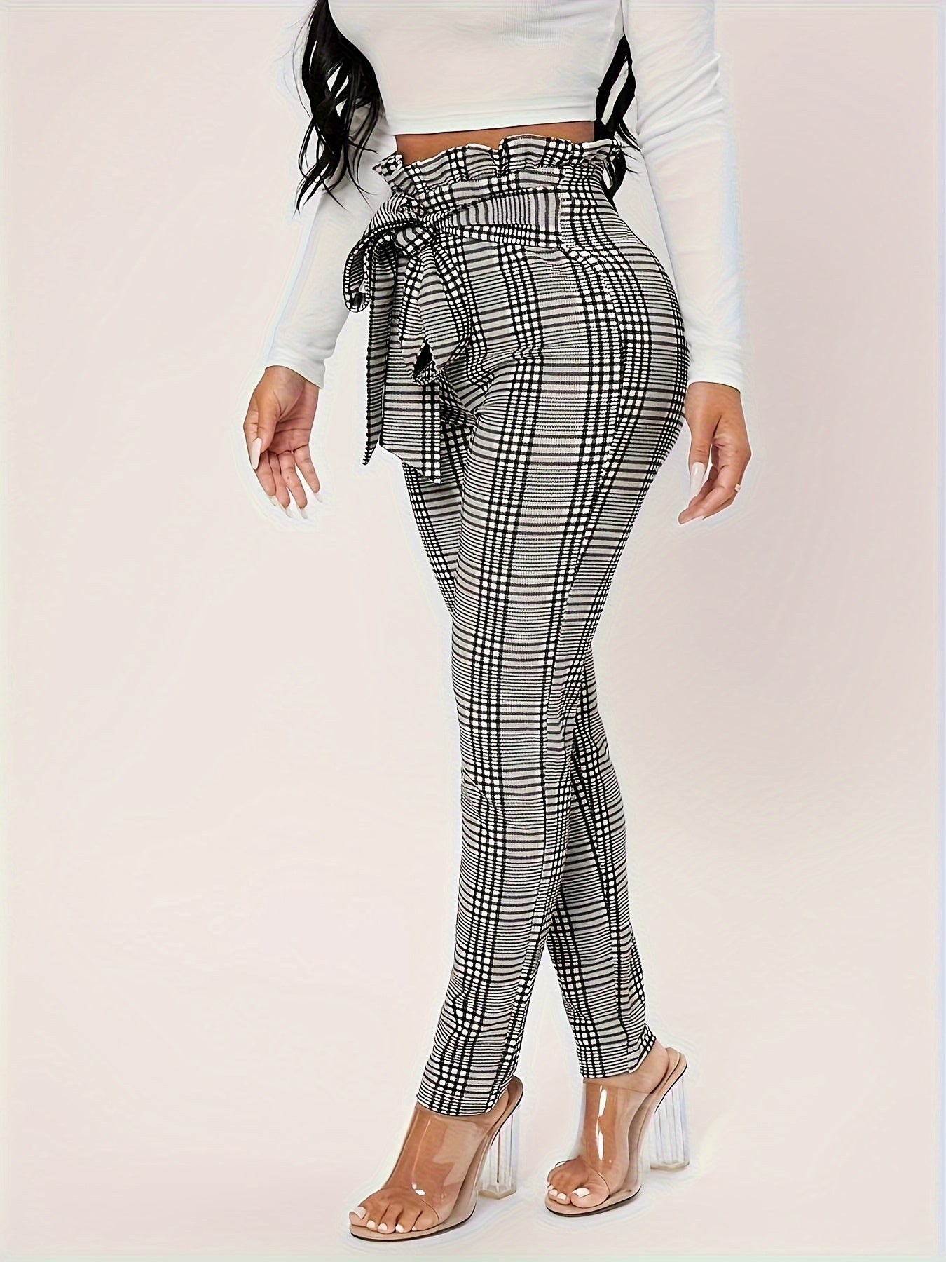 Stylish Plaid Pattern High Waist Tie Waist Pants - Women's Elegant Versatile Spring & Summer Pants with Comfortable Fit - Perfect for Casual Outings and Daily Wear