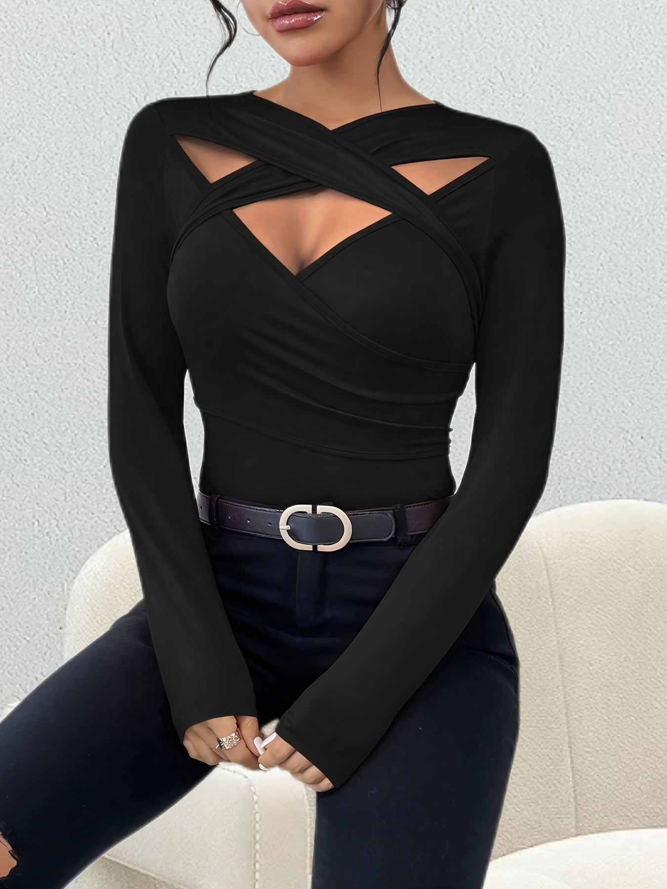 Crisscross Hollow Out Chic T-Shirt - Versatile Long Sleeve Slim Fit, Breathable, Soft, and Comfortable for Spring and Fall - Women's Fashion Clothing for Everyday Wear