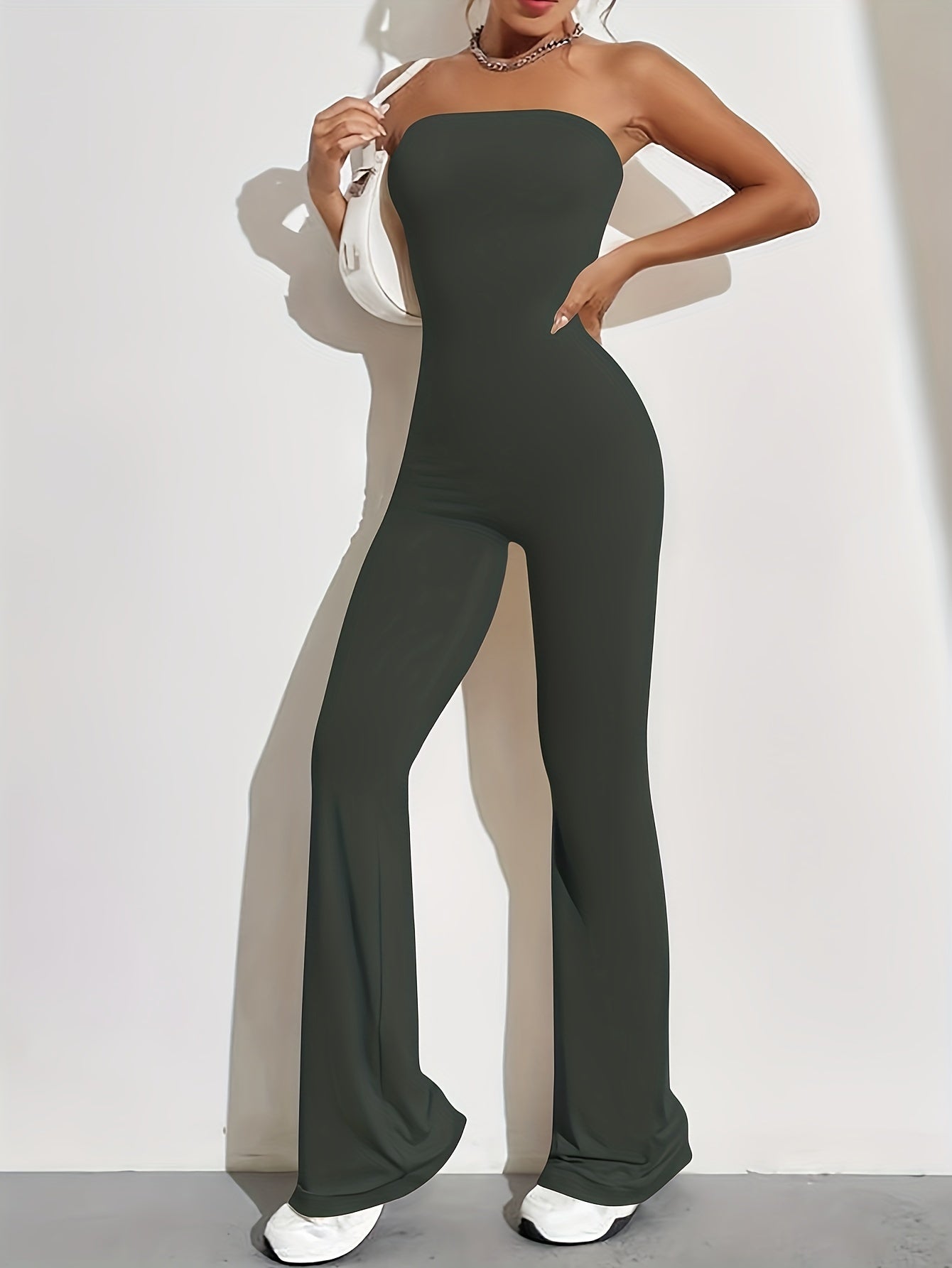Mono elegante de tubo sin tirantes de color liso: estilo sin mangas informal para primavera y verano: ropa informal de moda para uso diario para mujer