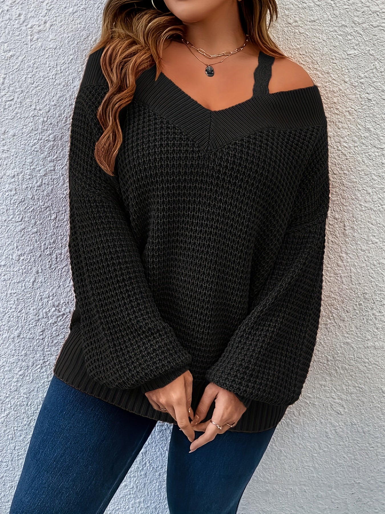 Plus Size Cold Shoulder Knitted Sweater, Elegant Long Sleeve Pullover Sweater