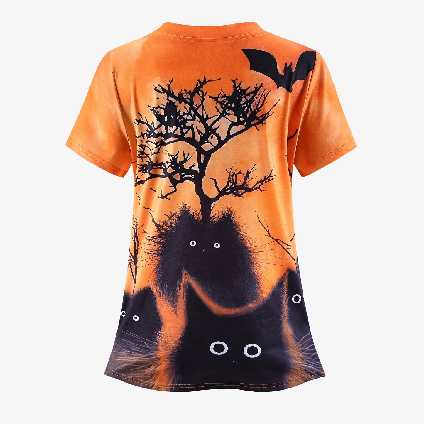 Camiseta de cuello en V con estampado de gato y cuervo negro, manga corta y detalle de bolsillo, con encanto de Halloween: uniforme de enfermera de moda para mujer