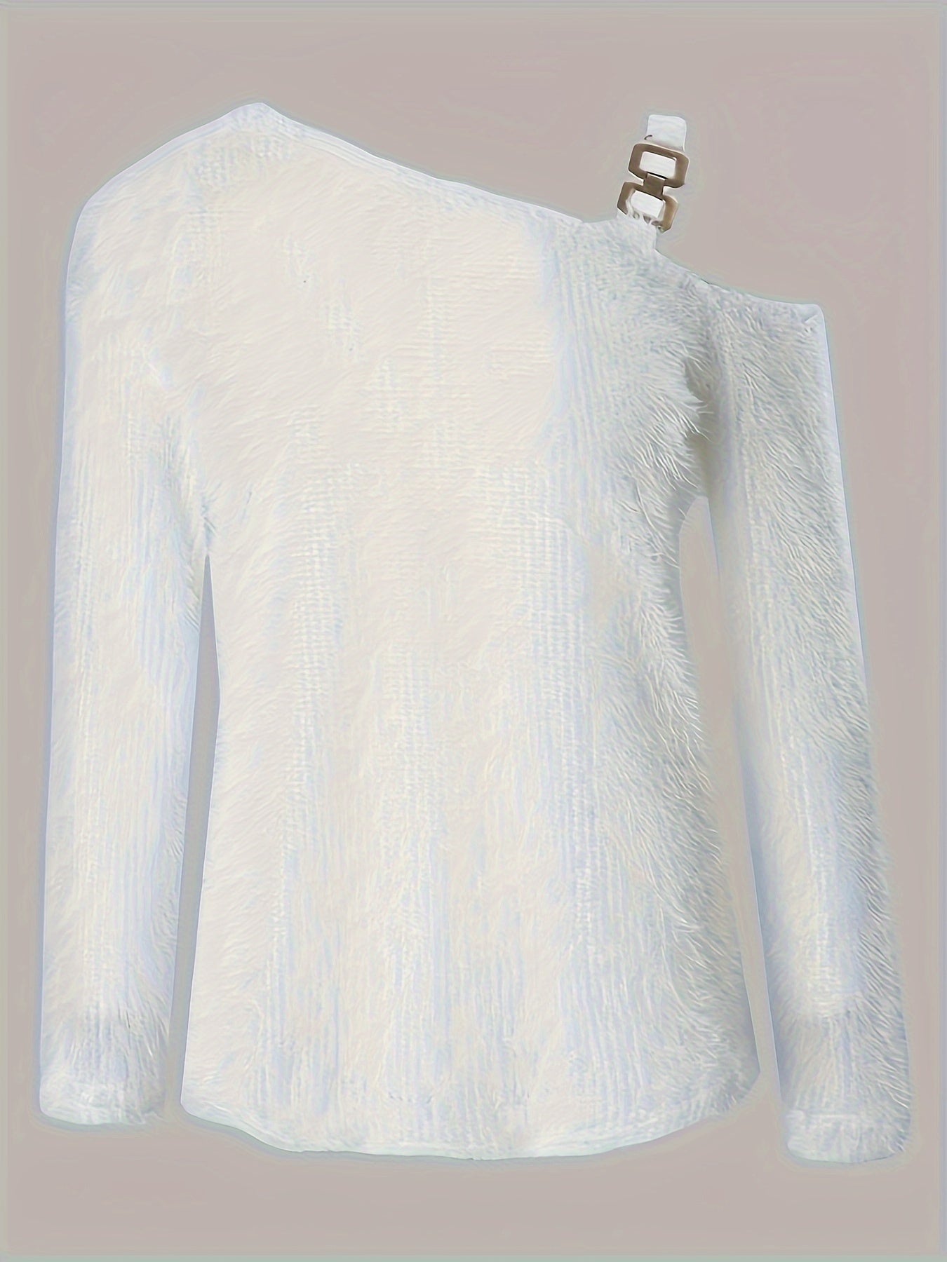 Plus Size Cold Shoulder Fuzzy Top - Soft, Chain Decor, Long Sleeve, Solid Color, Casual Wear for Spring & Fall - Women's Comfortable Clothing for Daily Life