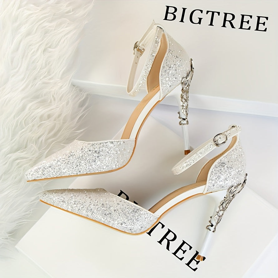 Chic Sequin Stiletto Sandals for Women - Sleek Pointed Toe, High Heel with Sparkling Accents, Lightweight & Versatile for All Seasons