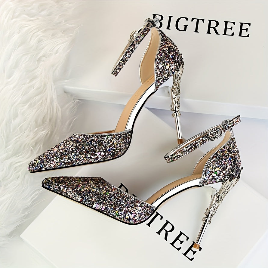 Chic Sequin Stiletto Sandals for Women - Sleek Pointed Toe, High Heel with Sparkling Accents, Lightweight & Versatile for All Seasons