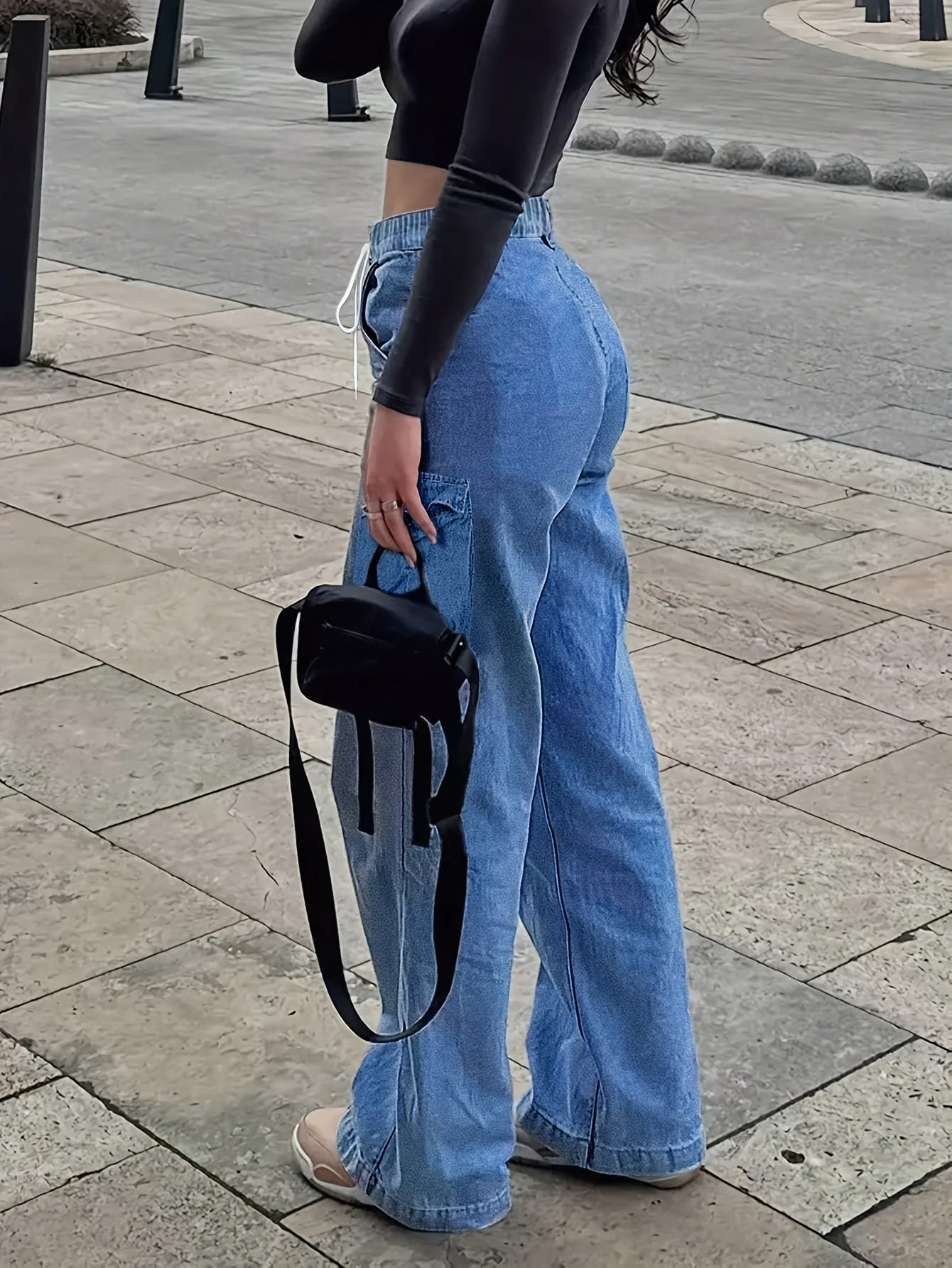 Waist Drawstring Women'S Loose Denim Straight Leg Pants, Mid Waistband Pocket, Comfortable And Versatile