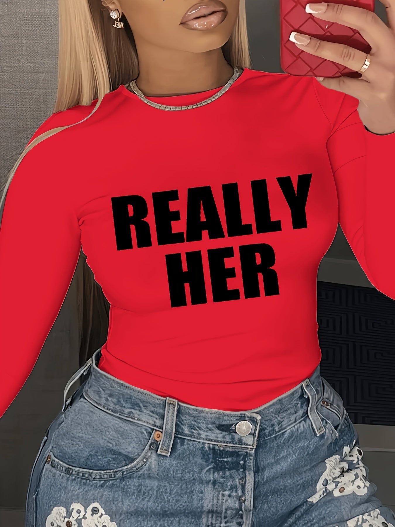 Letter Print Crew Neck T-shirt, Y2K Long Sleeve Top For Spring & Fall, Women's Clothing