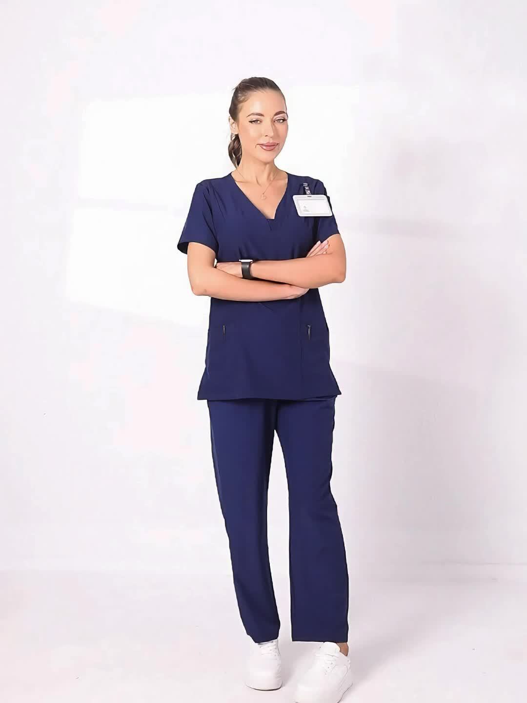 Conjunto médico de dos piezas con cuello en V, manga corta y pantalones elásticos, cómodo y de ajuste cómodo para mujeres | Uniformes médicos duraderos y de fácil cuidado para profesionales de la salud