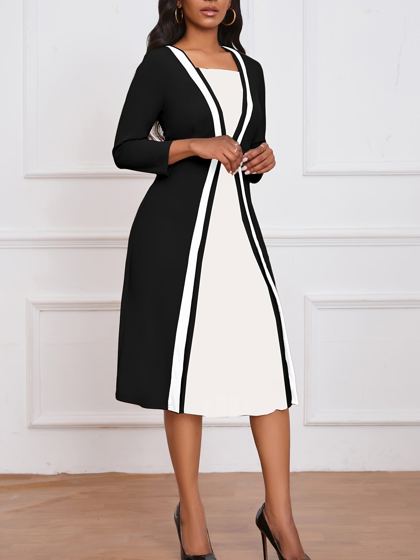 Plus Size Chic Colorblock Dress - Flattering Cinched Waist & Long Sleeves - Versatile Elegance for Any Occasion, Ideal for Curvy Fashion