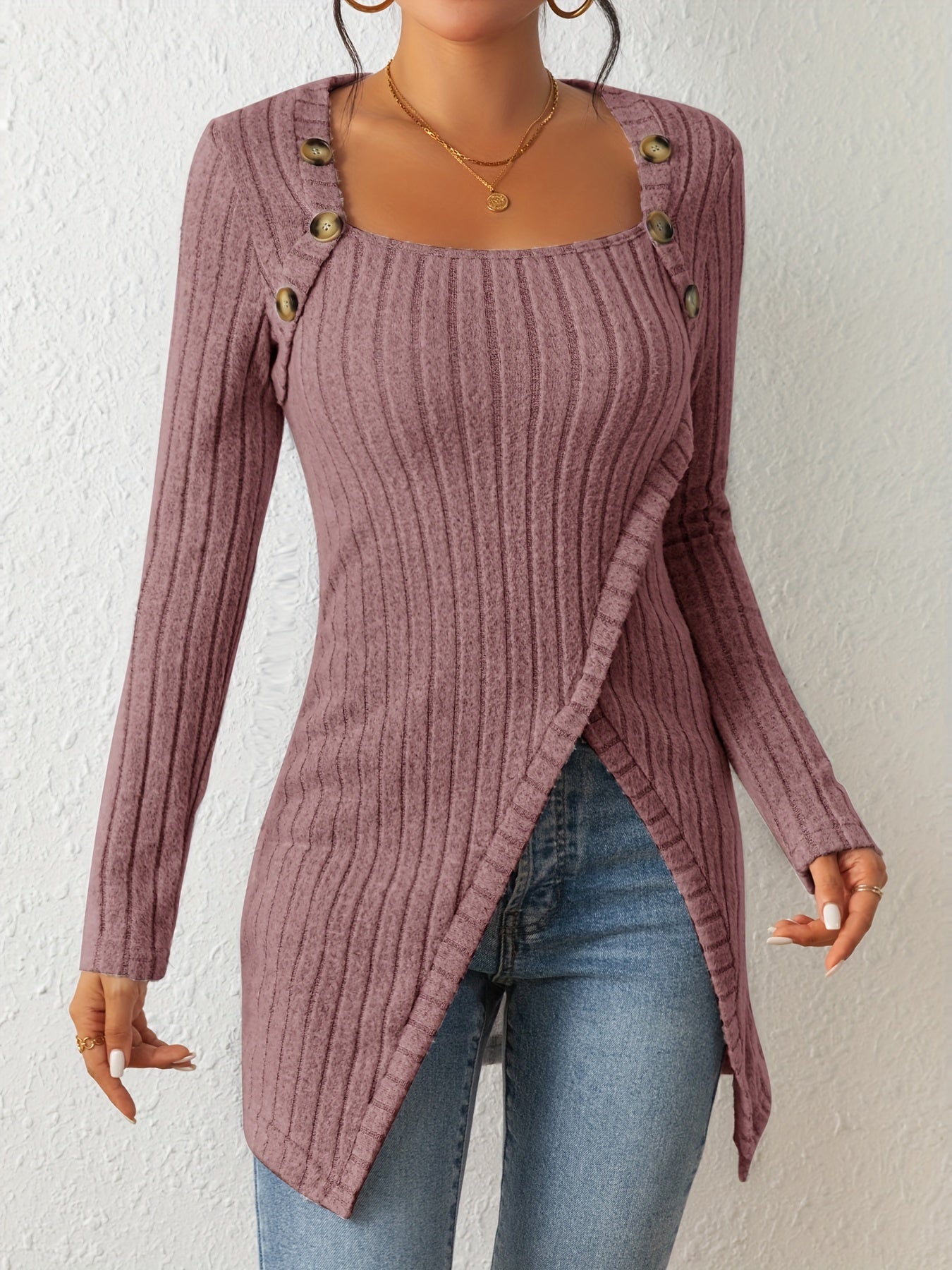 Chic Ribbed Long Sleeve Top with Unique Button Accent - Asymmetrical Hem - Perfect for Womens Spring & Fall Fashion